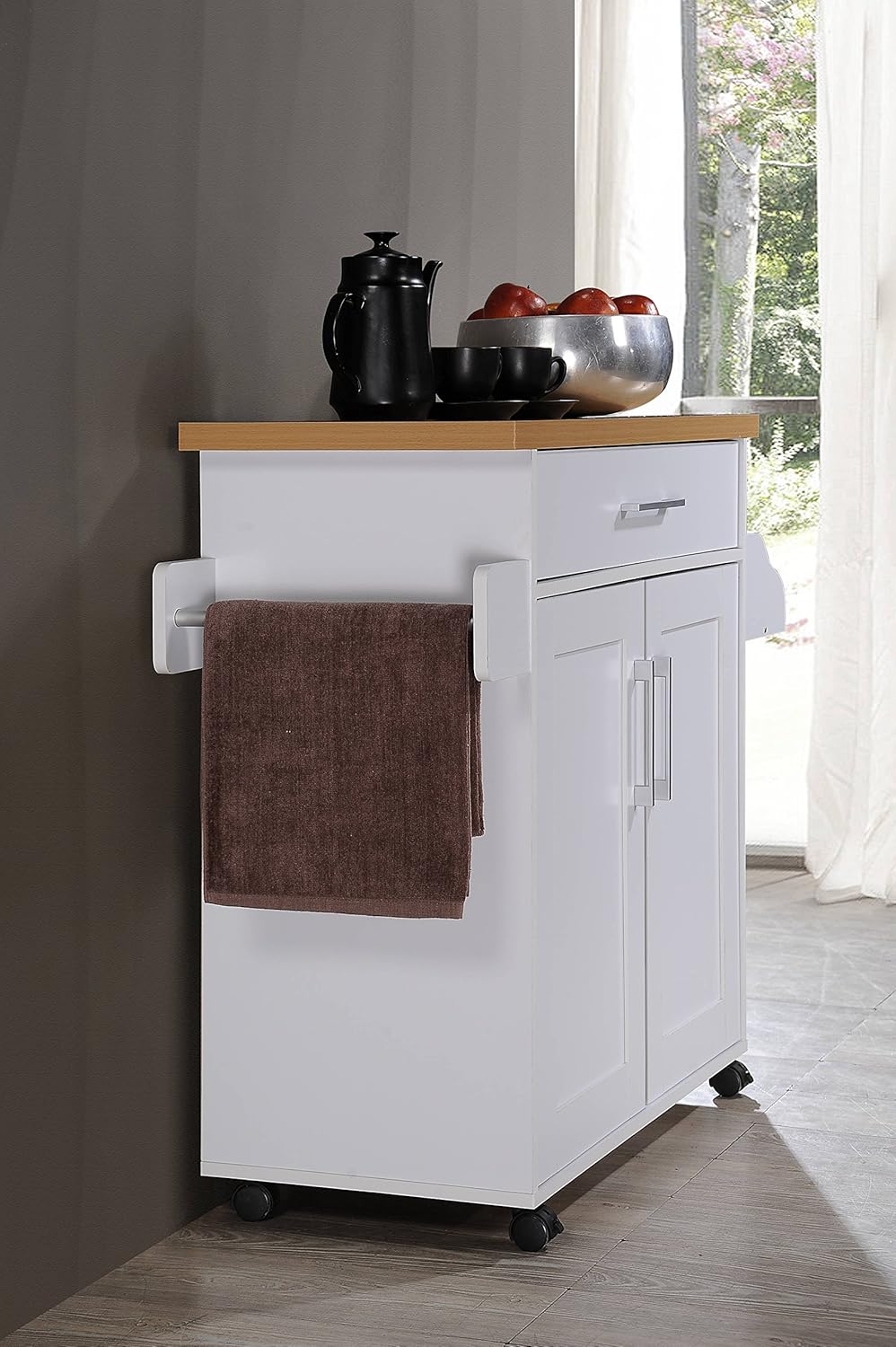 Hodedah Kitchen Island with Spice Rack, Towel Rack & Drawer, White with Beech Top: Furniture & Decor