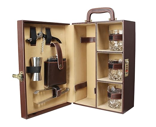 Telconi 3 Glasses Brown Bar Set |Premium Bar Set with Bottle Opener| Handy Portable Leatherette Bar Set for car | Whiskey Glasses