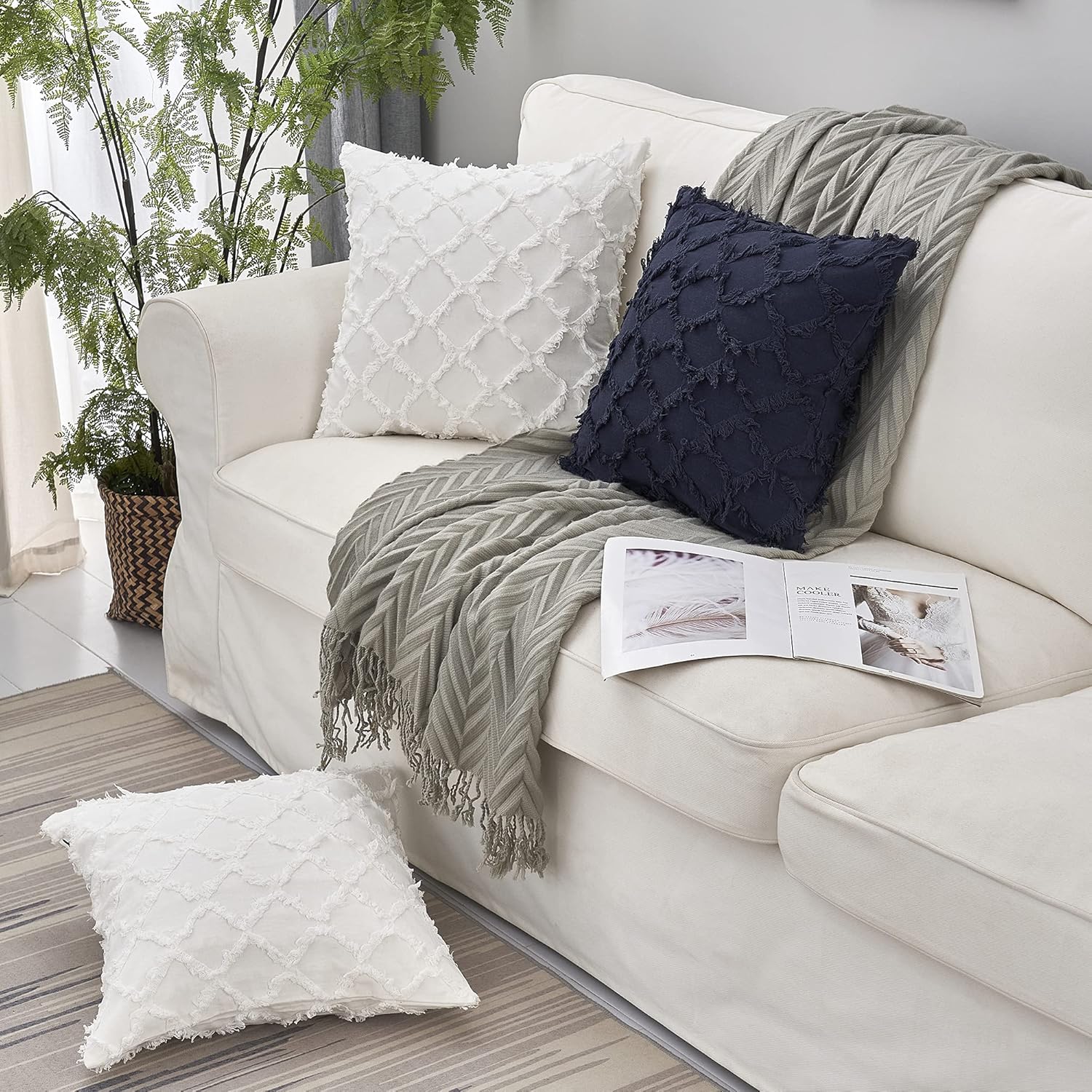 Longhui bedding Ivory White Throw Pillow Covers for Sofa, Couch, Bedroom, Family Room – Set of 2 Decorative Pillows 18 x 18 Inches Cotton Linen Cushion Covers, No Inserts: Home & Kitchen