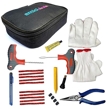 amiciAuto Tubeless Tyre Puncture Repair Complete Kit for Car and Bike (Complete Tyre Repair Kit with Easy Storage Nylon Bag)