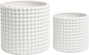 MyGift Set of 2 White Ceramic Vintage-Style Hobnail Textured Flower Planter Pots/Storage Jars