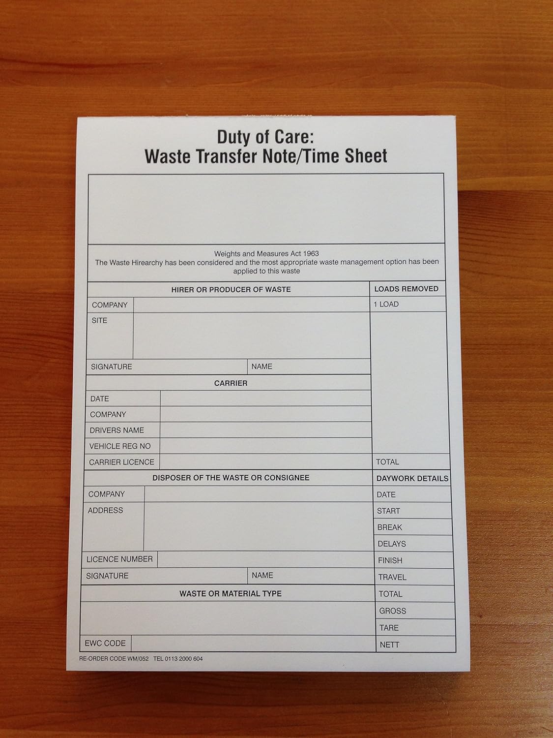 DUTY OF CARE/WASTE TRANSFER NOTE/TIME SHEET PAD (WM/052) Amazon.co.uk