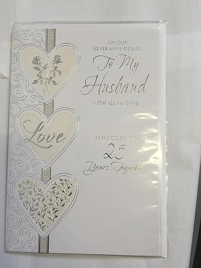 25th Silver Wedding Anniversary Husband Card Foil Detail Roses 3 Hearts Amazon Co Uk Office Products
