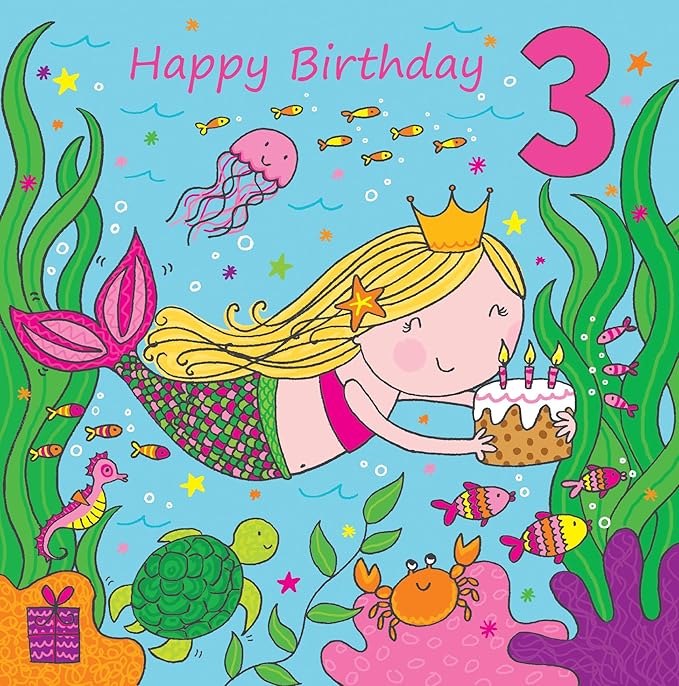 Twizler 3rd Birthday Card for Girl with Cute Mermaid & Glitter Three