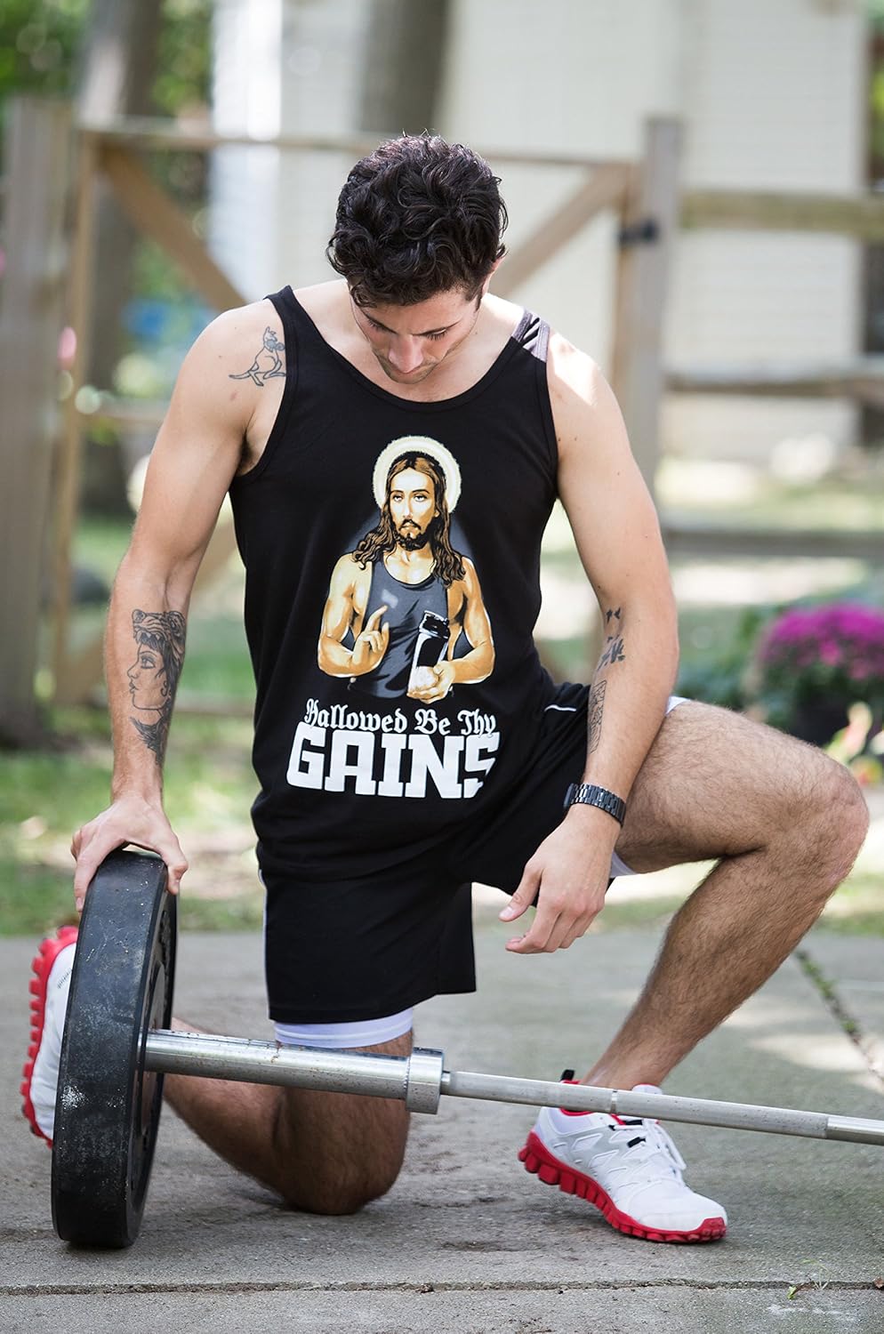 Hallowed Be Thy Gains | Funny Muscle Jesus Weight Lifting Workout Humor Tank Top: Clothing