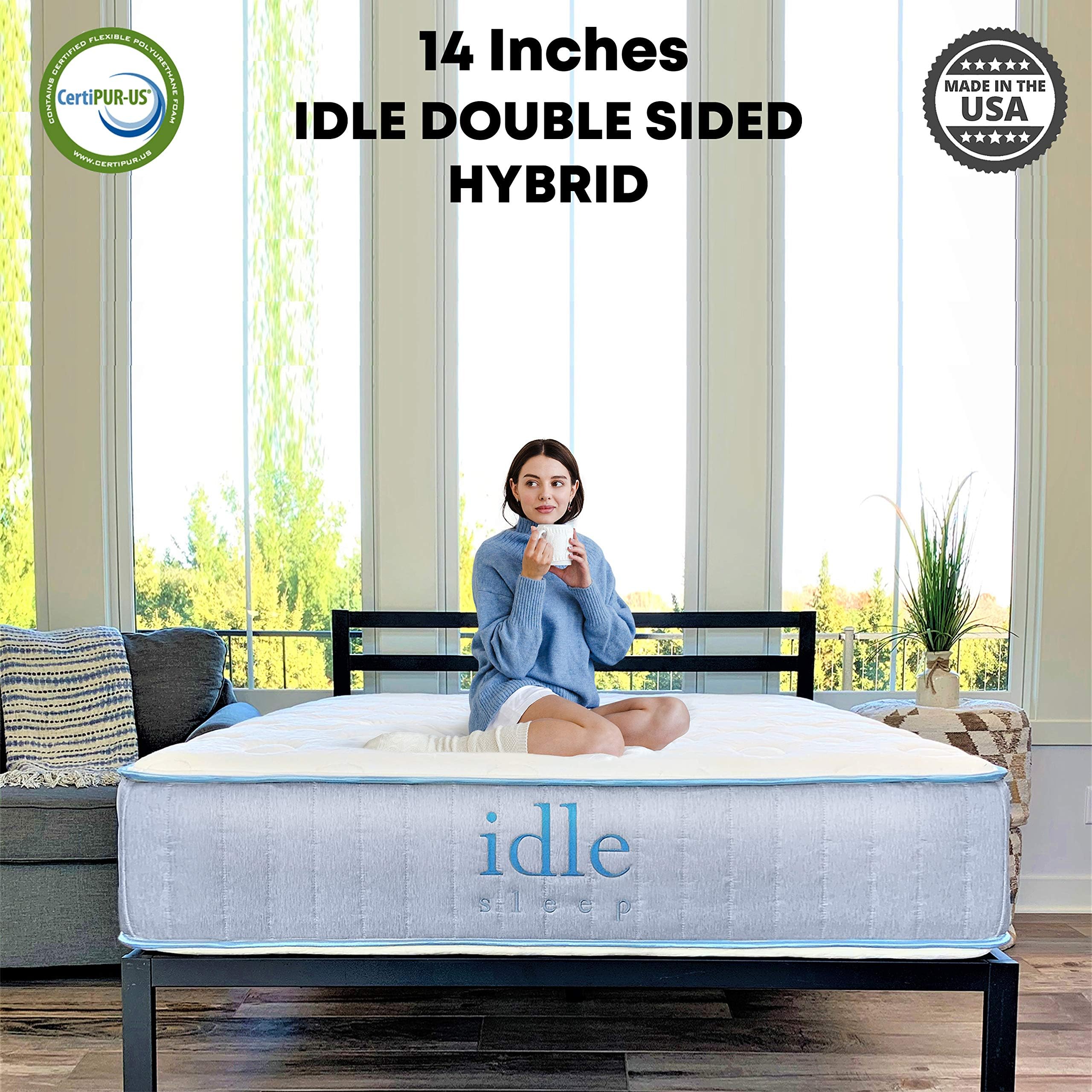 Idle Sleep 14 Inch Twin Double Sided Hybrid Mattress in a Box - Sleep Cool with Thermocool Fabric - Motion Isolating Springs - Medium Firm - Made in USA - CertiPUR-US Certified