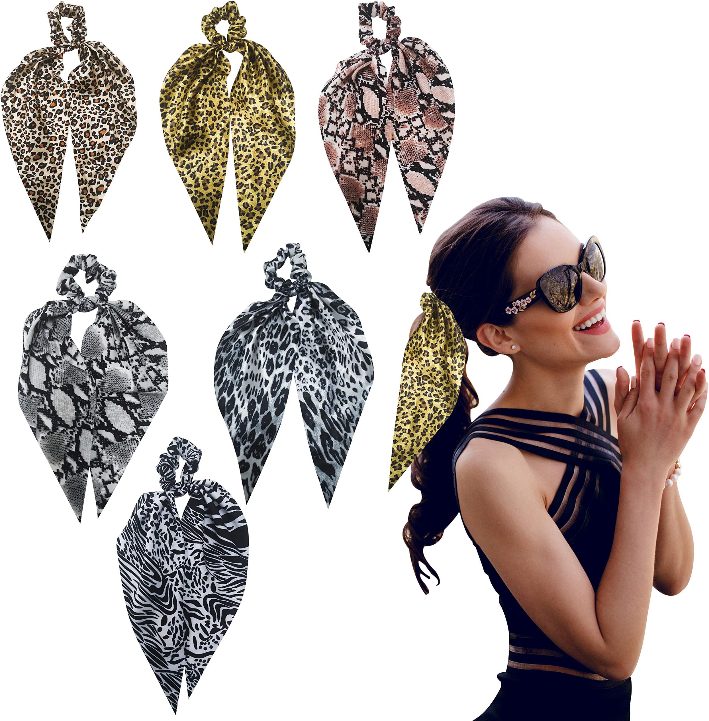 AMAZING UNIVERSE Animal print 6 Pcs Premium Detachable Hair Scarf Scrunchies with Tails,Satin Silk Scarves,Leopard,Snake…