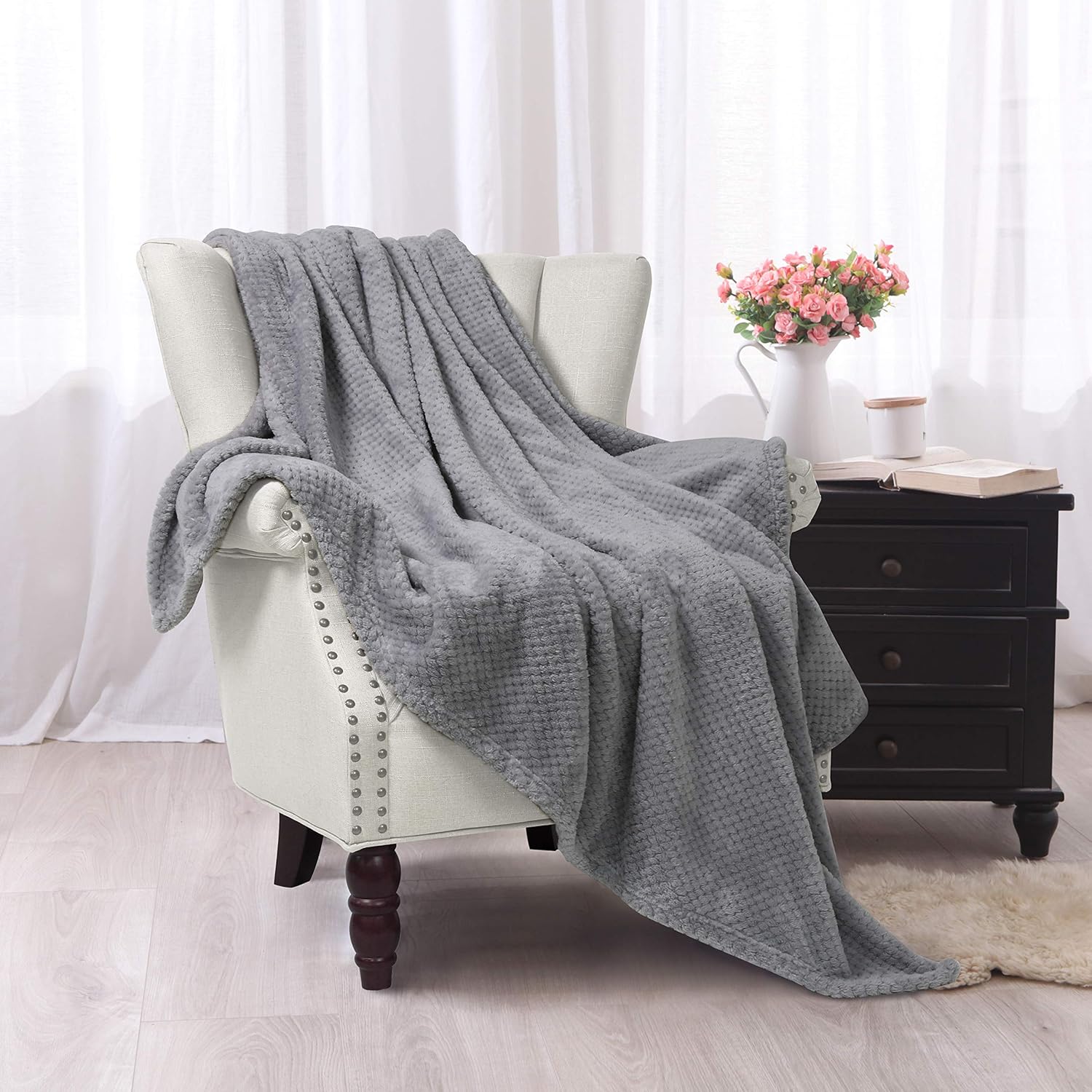 Exclusivo Mezcla Waffle Flannel Fleece Velvet Plush Large Throw Blanket– 50" x 70" (Slate Blue): Home & Kitchen