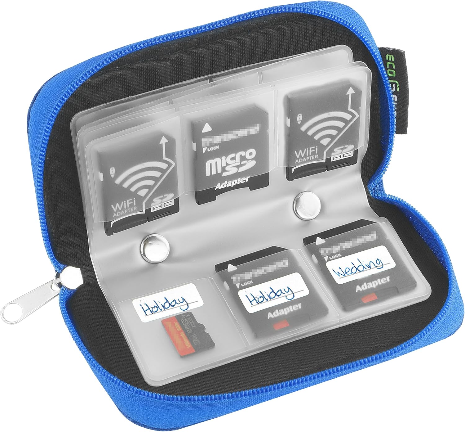 Eco-Fused Memory Card Case - Fits up to 22x SD, SDHC, Micro SD, Mini SD and 4X CF - Holder with 22 Slots (Blue) - Image 3
