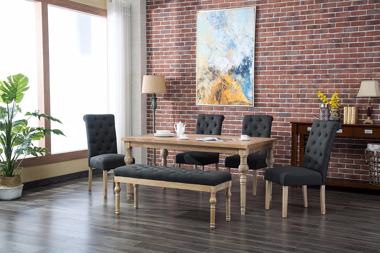 Amazoncom Roundhill Furniture Habitanian 6 Piece White Wash Dining Set With Tufted Chairs And Bench