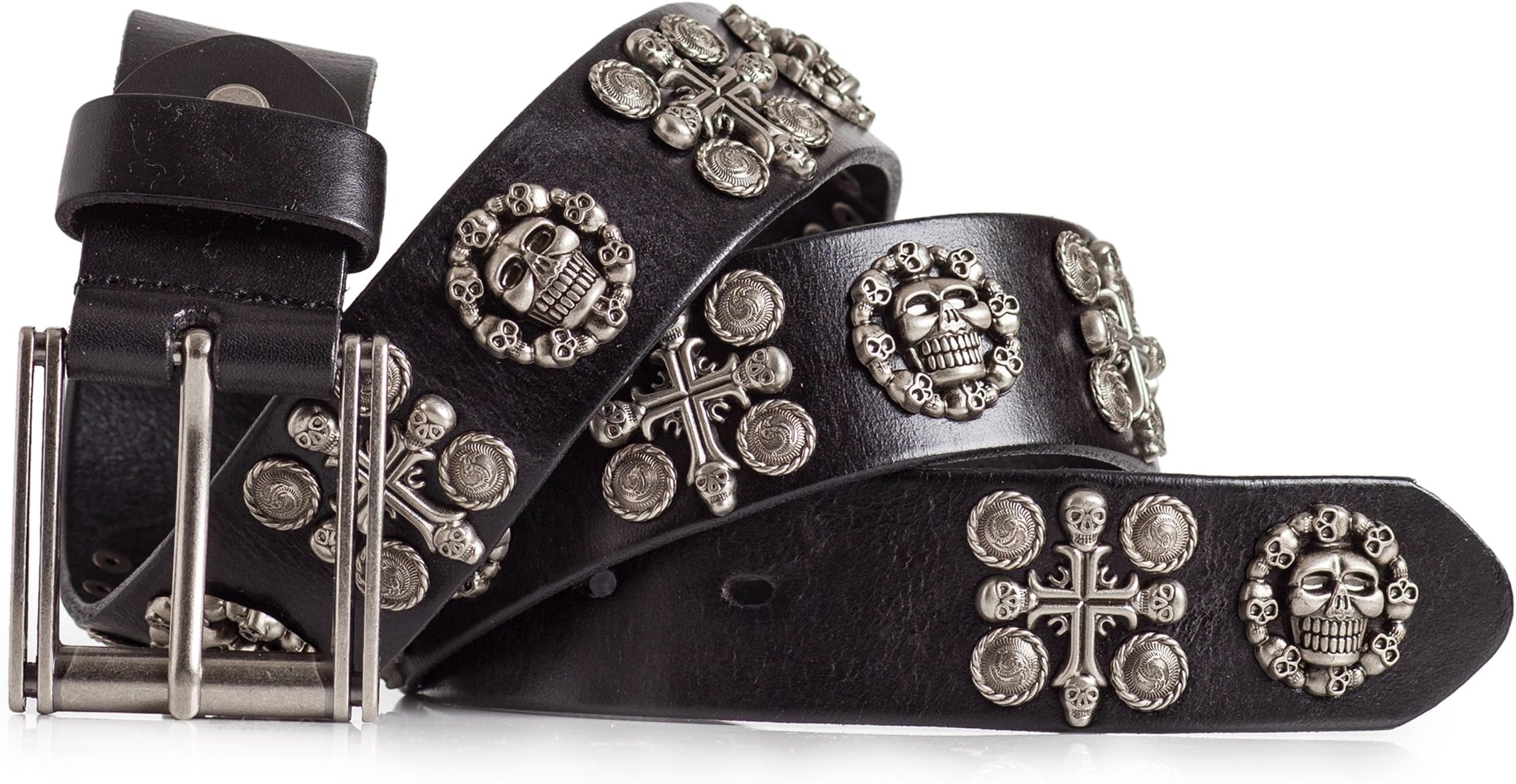 Skull and Cross Belt Leather PunK Belt Mens Full Grain Leather 3.8cm Width