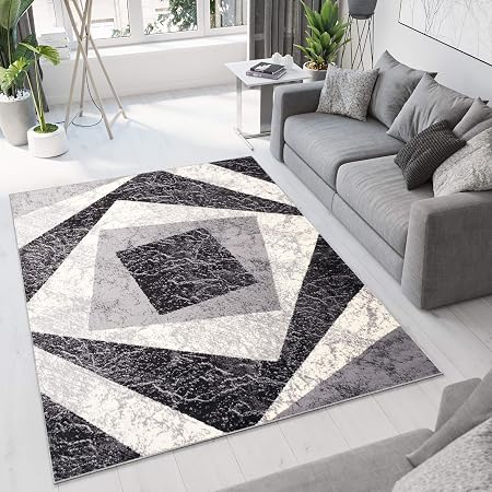 Tapiso Dream Tappeto Soggiorno Salotto Moderno Grigio Nero Geometrico Quadrato A Pelo Corto 160 X 220 Cm