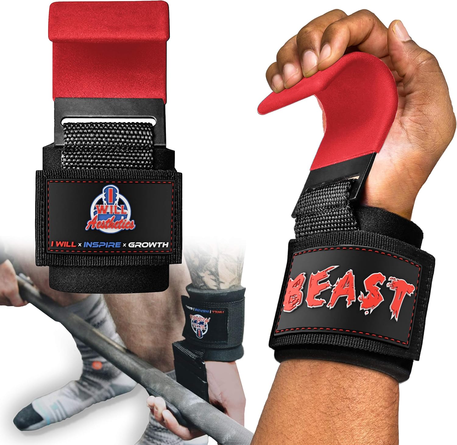 I WILL AESTHETICS Weight Lifting Hooks for Men & Women - Lifting Hooks for Weight Lifting - Deadlift Grips with Hooks - Weight Grips & Deadlift Straps (RED) : Sports & Outdoors