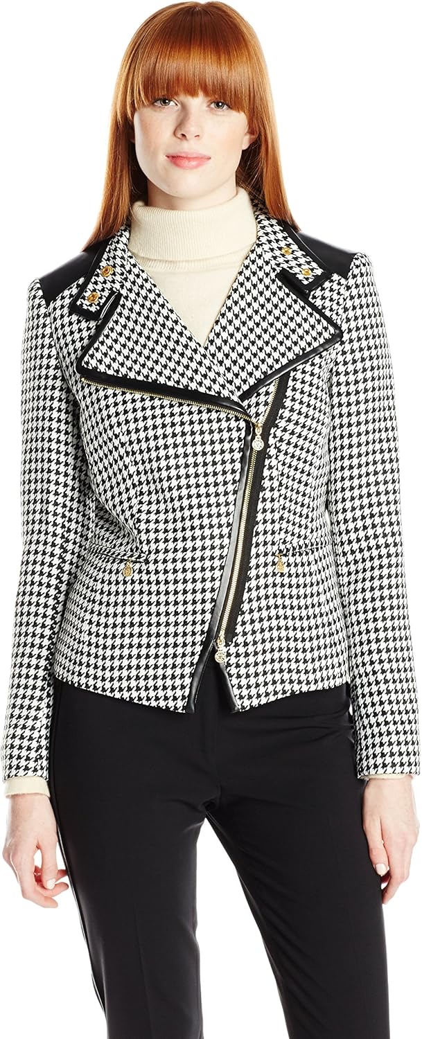Anne Klein Women's Houndstooth Metal and Contrast Detail Jacket, Onyx/Alabaster, 16 at Amazon 