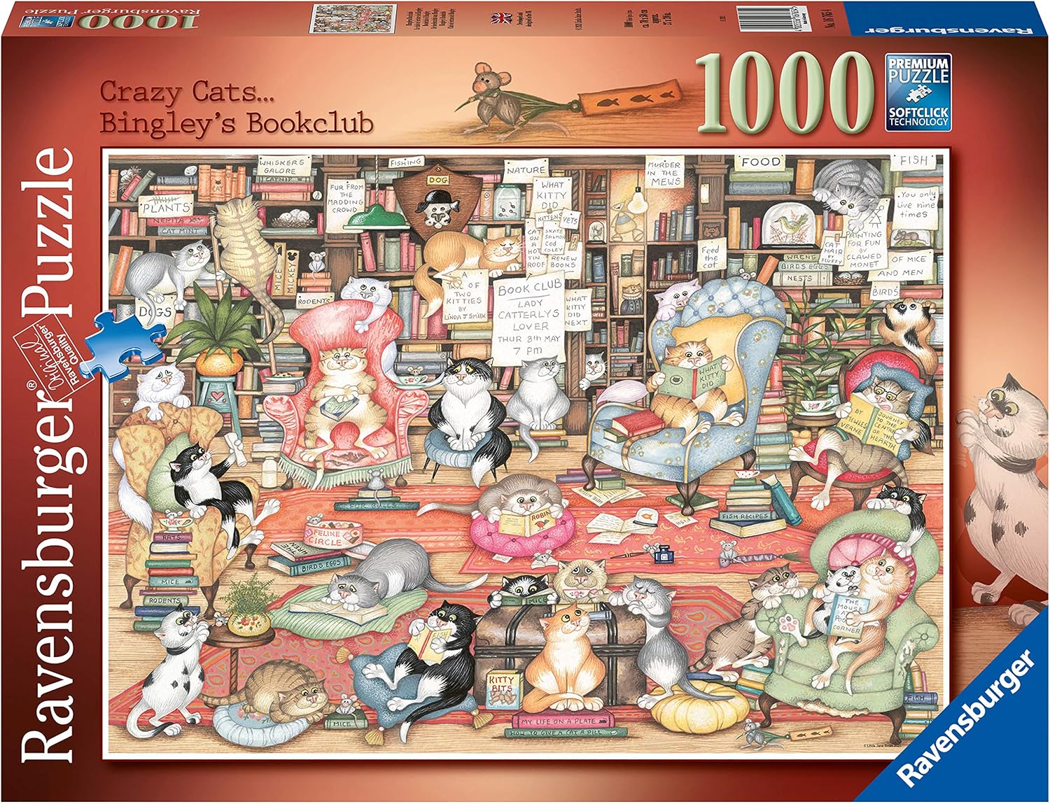 Ravensburger Crazy Cats Bingley’s Bookclub 1000 Piece Jigsaw Puzzle for Adults & Kids Age 12 Years Up, Multi-colored
