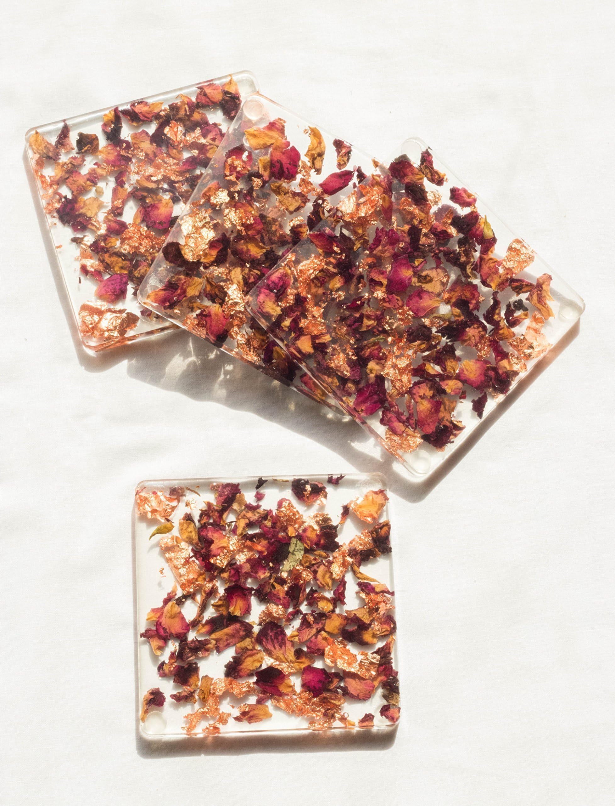 Handmade Dried Flower Coasters - choice of red rose petals, snowy white or pale blue hydrangea petals
