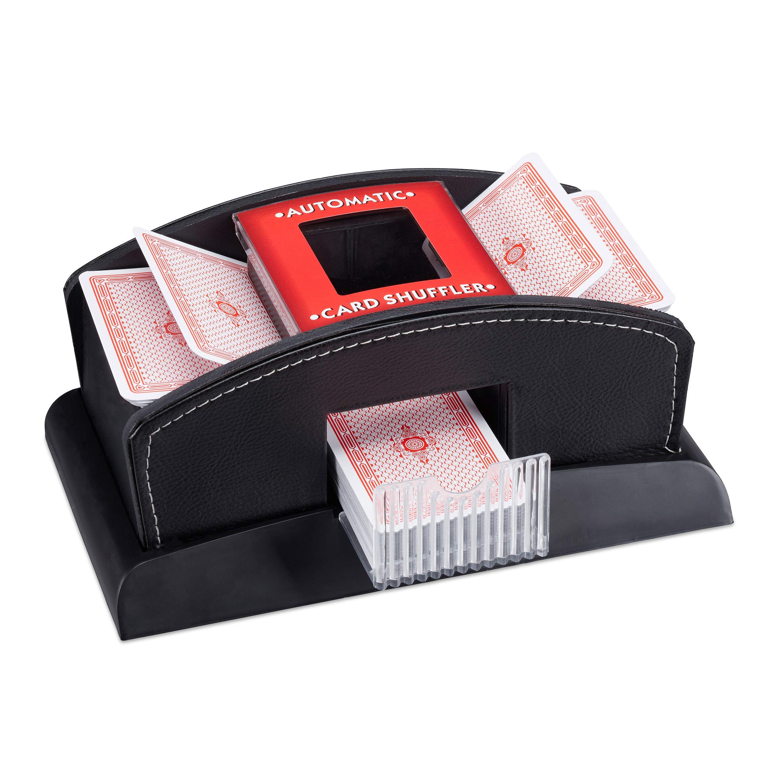 Relaxdays Electric Shuffler, Leather, 2 Decks, Playing Card Shuffling Machine, 10.5 x 23.5 x 13.5 cm