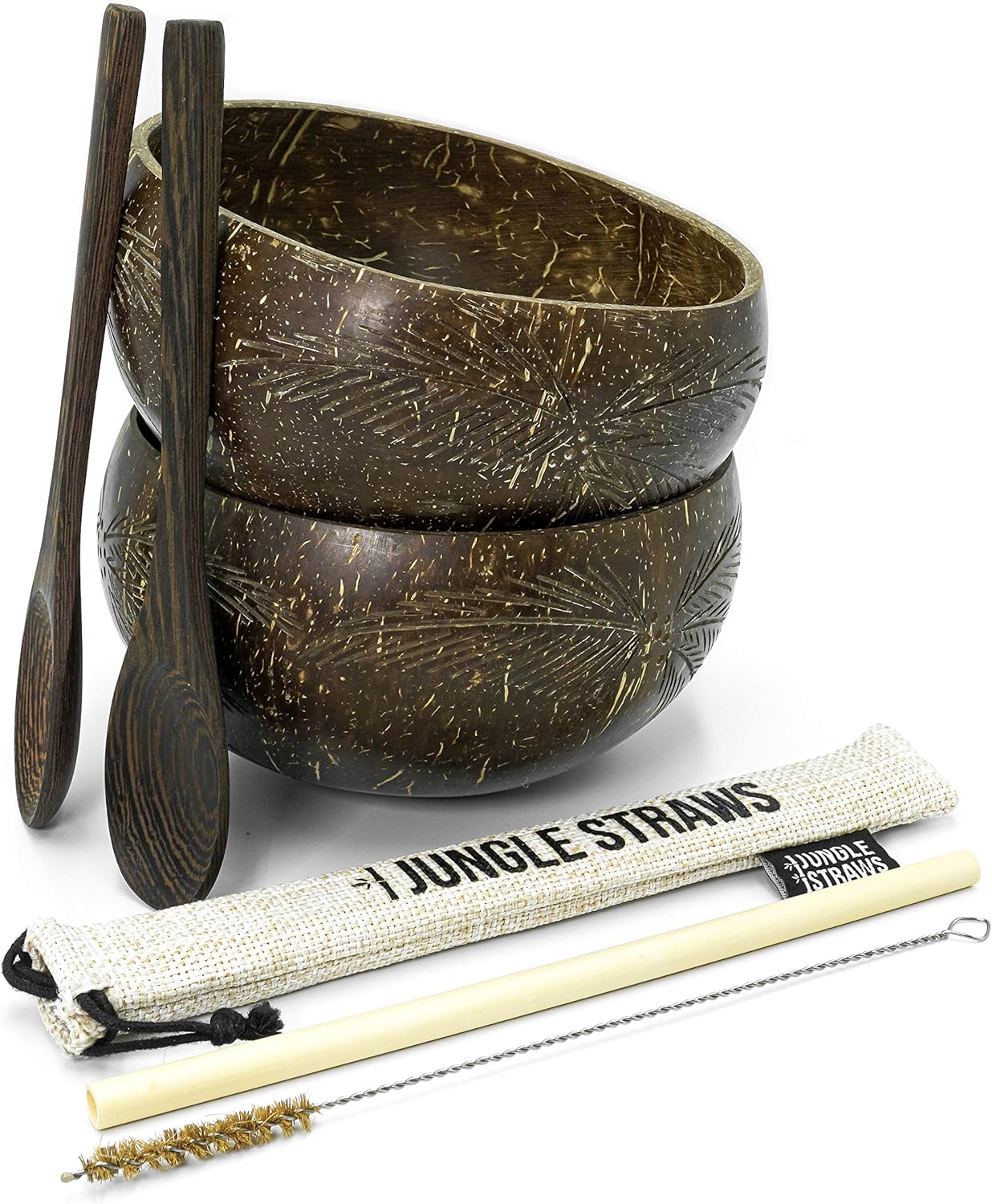 Jungle Culture® Set of 2 Coconut Bowls & Spoons • Organic Wooden Bowls Polished with Coconut Oil