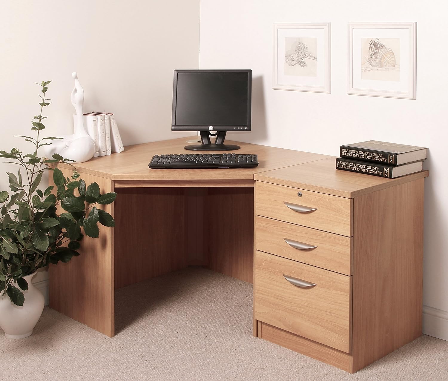 SET07INCO Classic Oak Drawer Desk Filing Living Room Corner