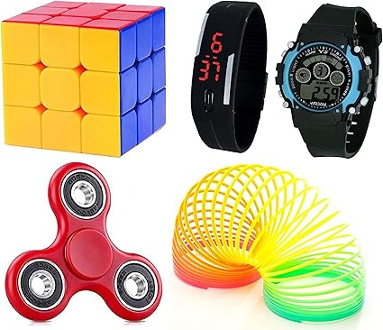 LEMONADE Digitally Yours Combo of 5 Fidget Spinner, 3x3x3 Puzzle Cube, Plastic Playing Spring, 7 Light Wrist Band and Black Digital Led Band Watch