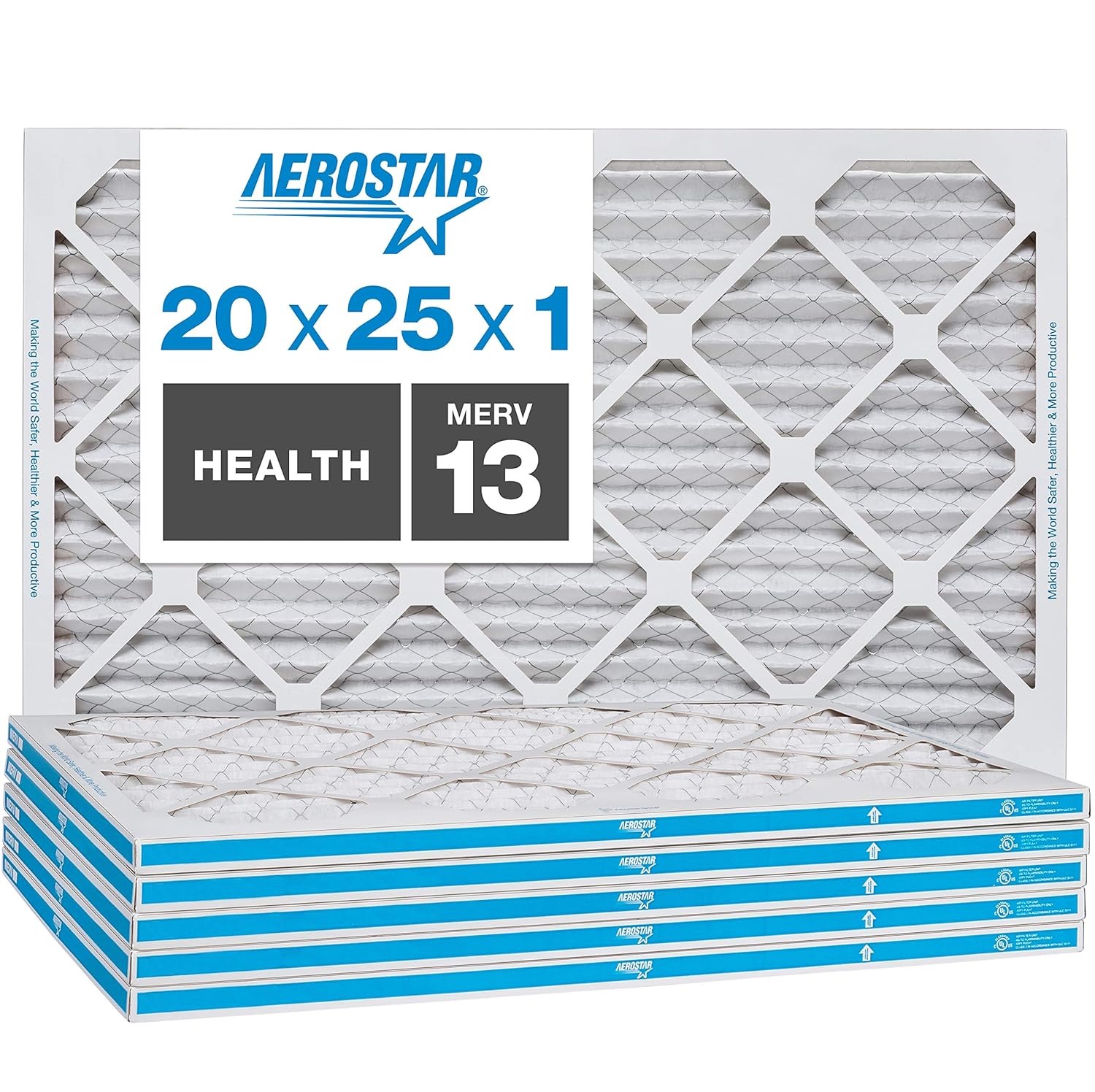 Aerostar Home Max 20x25x1 MERV 13 Pleated Air Filter, Made in the USA, Captures Virus Particles, 6-Pack