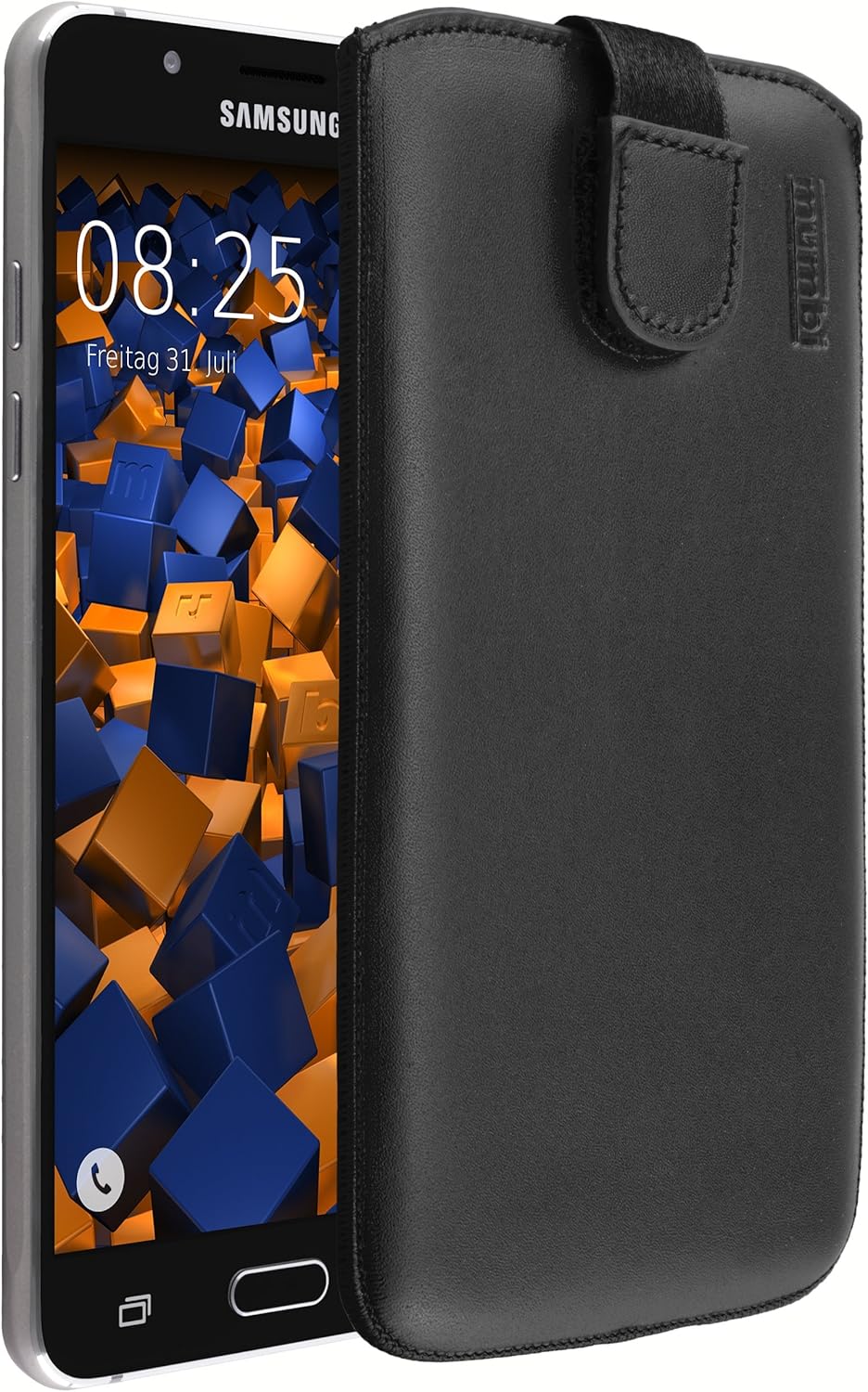mumbi Real Leather Pouch With Flap And Pull-Up Strap for Samsung Galaxy, Black, Galaxy A3 (2016)