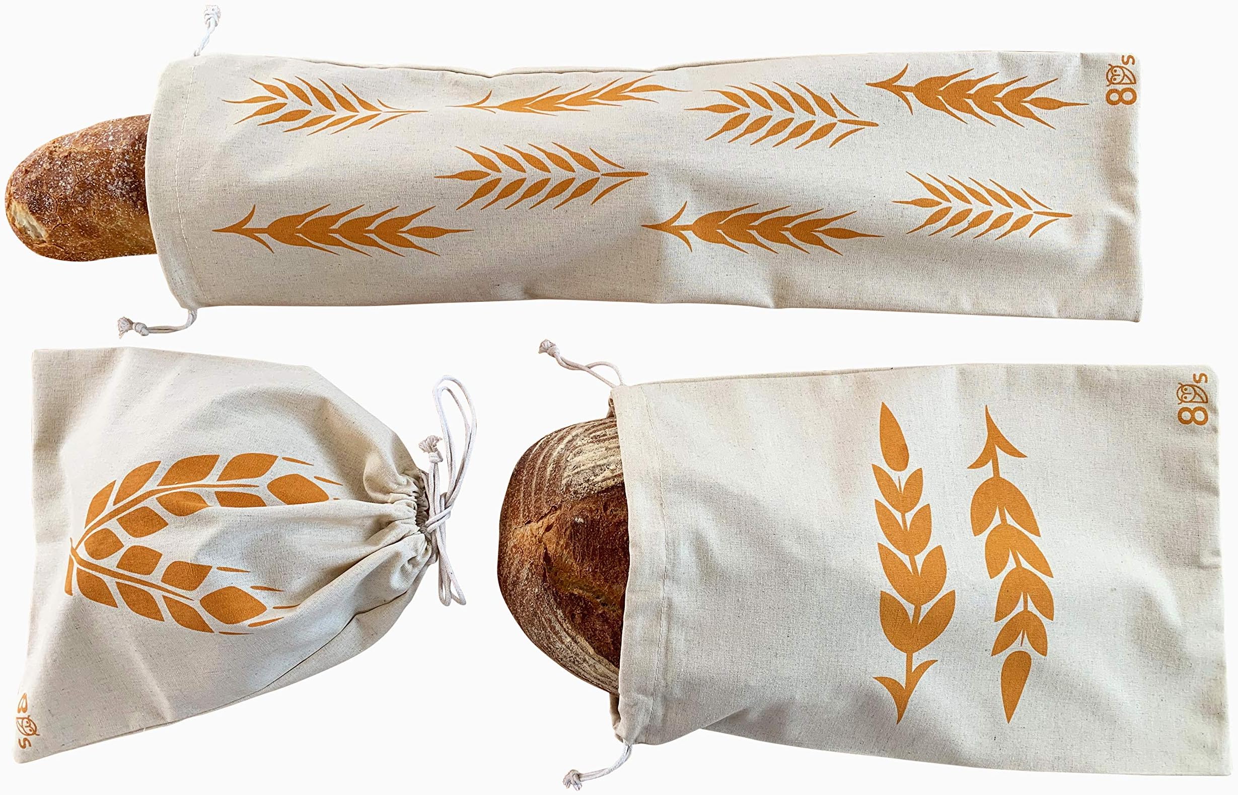 Linen Bread Bags for Artisan Homemade Bread - Reusable Food Storage - Baguette, Sandwich, and Boule Loaf Size Drawstring Bread Bag - Set of 3