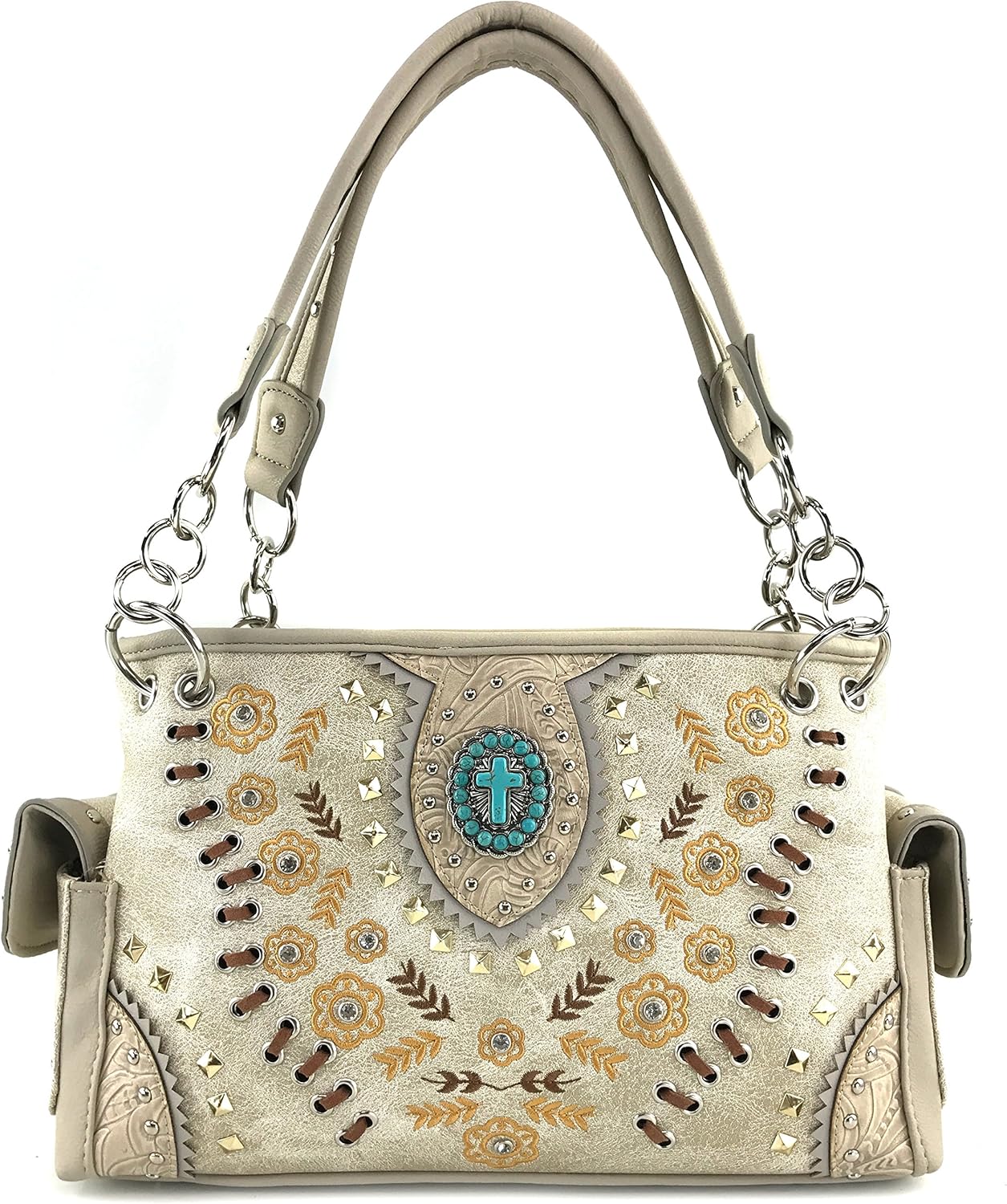 Justin West Floral Tooled Embroidered Western Turquoise Stone Cross