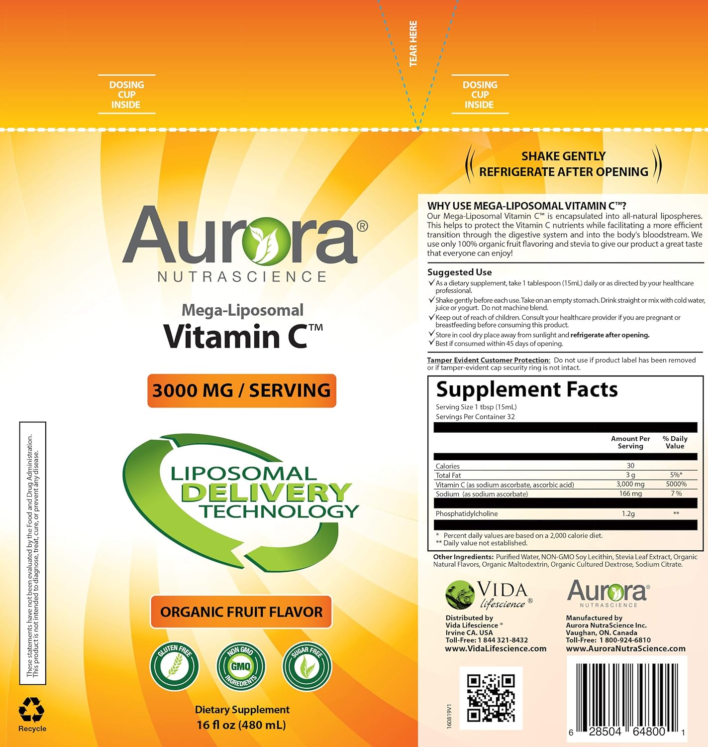 Aurora Nutrascience Mega Liposomal Vitamin C 3000 mg per Serving 16 oz