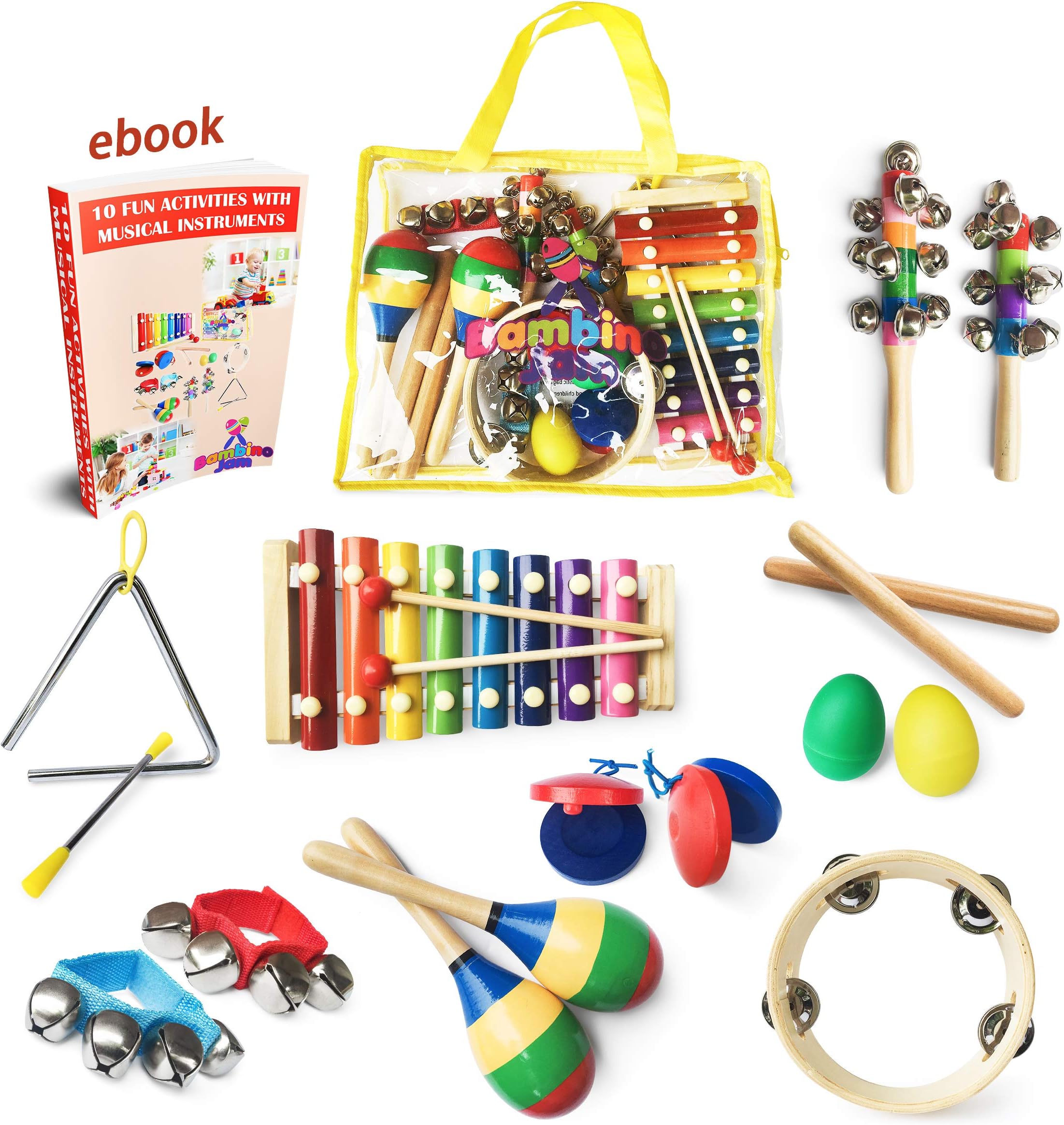 Musical Instruments Set for Toddler & Preschooler 15 Pcs Wooden Montessori Educational Learning Toys for Young Children Percussion Rhythm Band Gift Set with Xylophone, Tambourine & Free Carry Bag