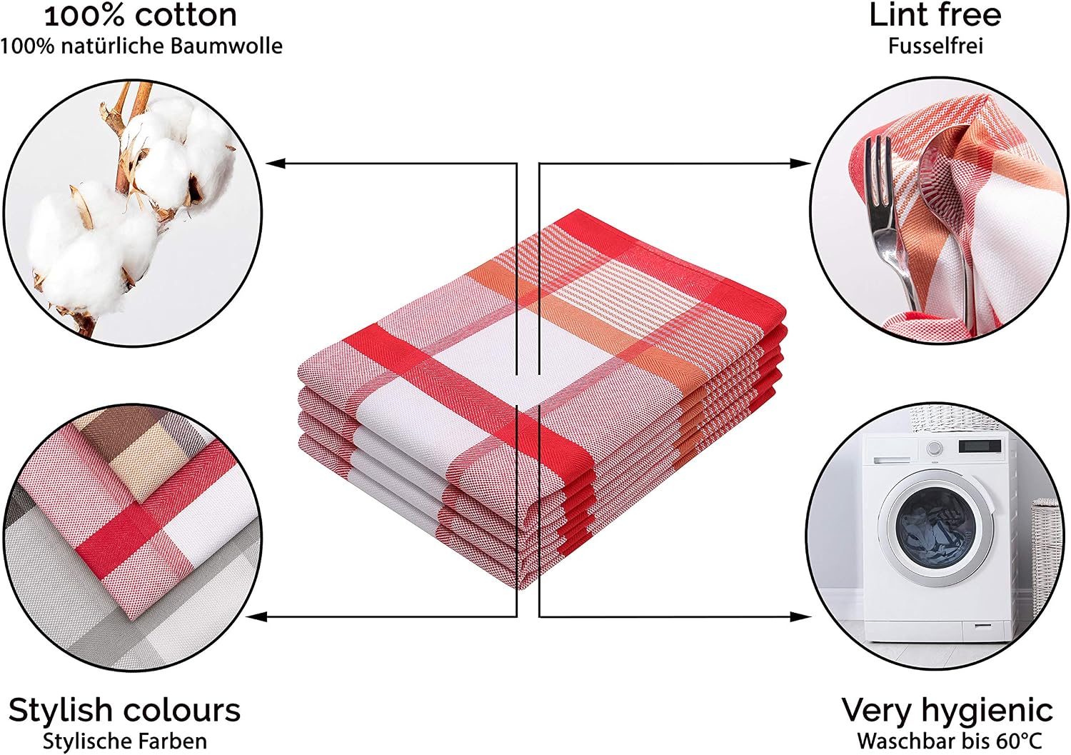 Zollner® Set of 4 Tea Towels/Drying Towels/Kitchen Towels 50 x 70 cm 100% Cotton, Available in Brown or Red Chequered - Image 3
