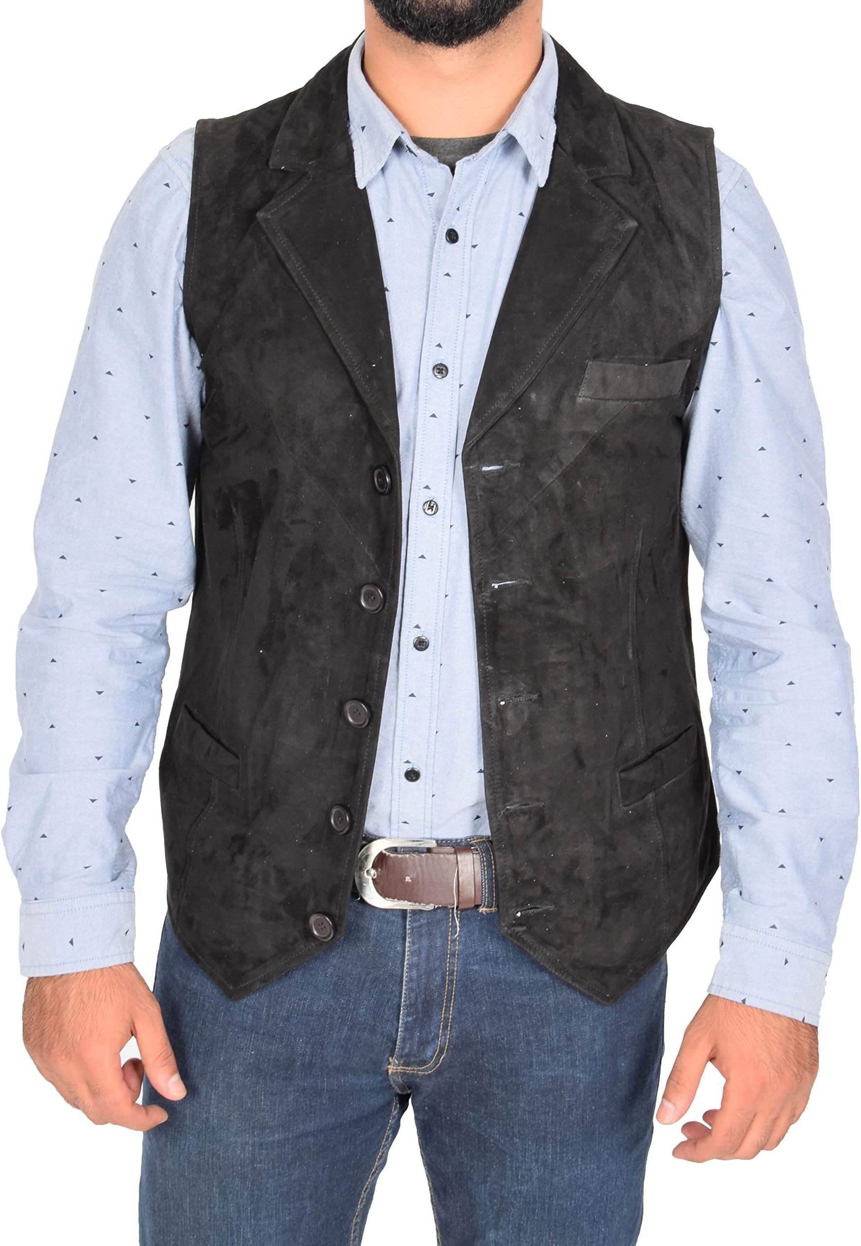 Mens Genuine Black Suede Waistcoat Soft Leather Gilet Classic Western Vest Yelek Status