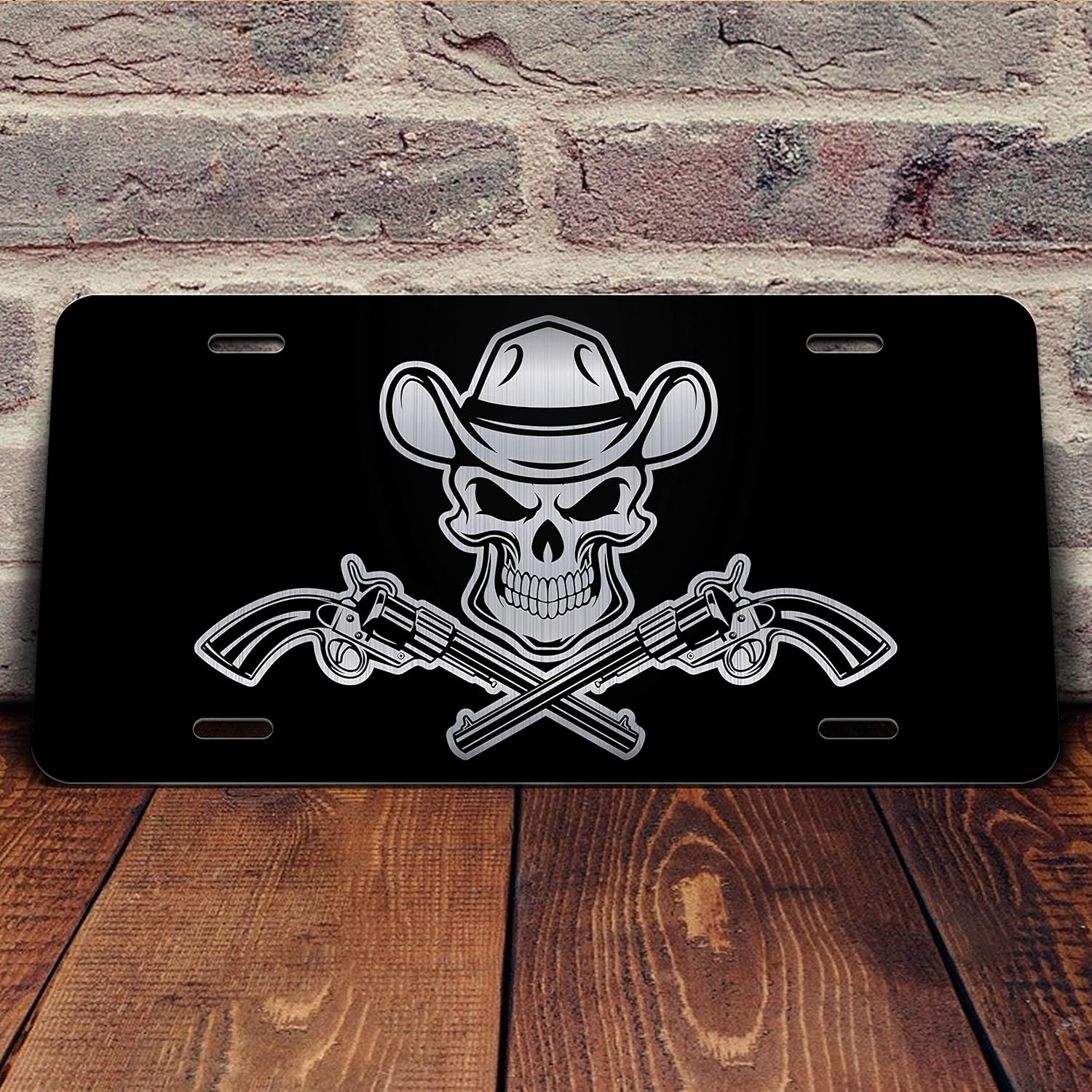 Cowboy Skull With Guns Vanity Front License Plate Tag Kce352 Exterior Accessories License Plate Covers Frames