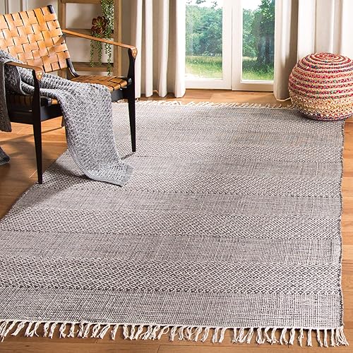 Safavieh Montauk Collection MTK330N Handmade Tassel Cotton Area Rug, 4' x 4' Square, Ivory / Anthracite