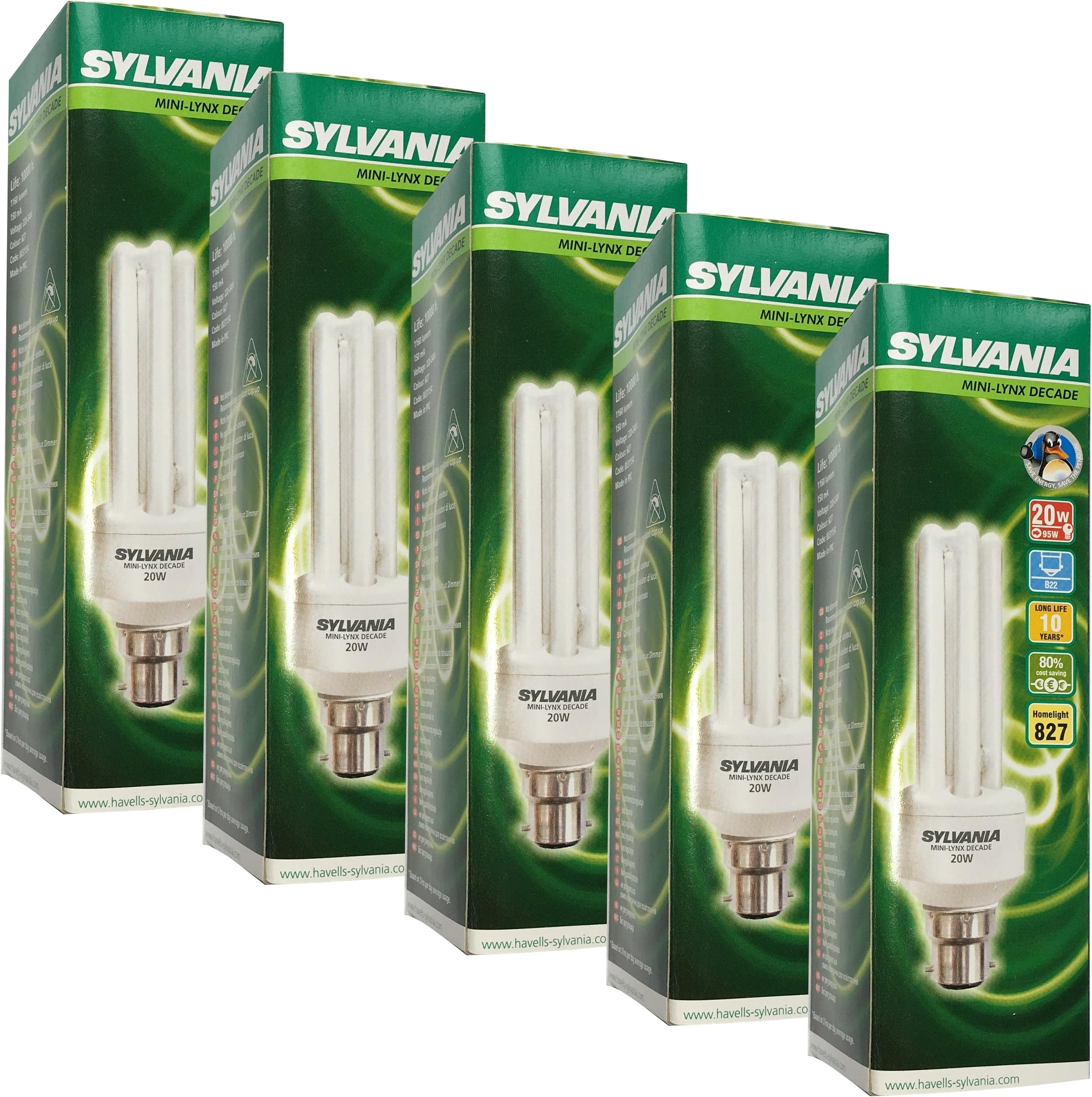 5 x Mini-Lynx Decade 20W (=95W Equivalent, Replaces 100W) B22 BC CFL Energy Saving Light Bulbs, Bayonet Cap, 1160 Lumen, 10 Years, 827 2700K Homelight Warm White