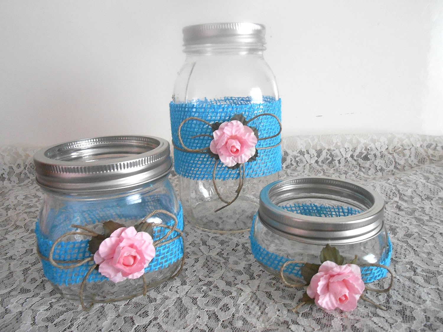 Amazon Com Mason Jars Desk Set Desk Organizer Teal Burlap Pink