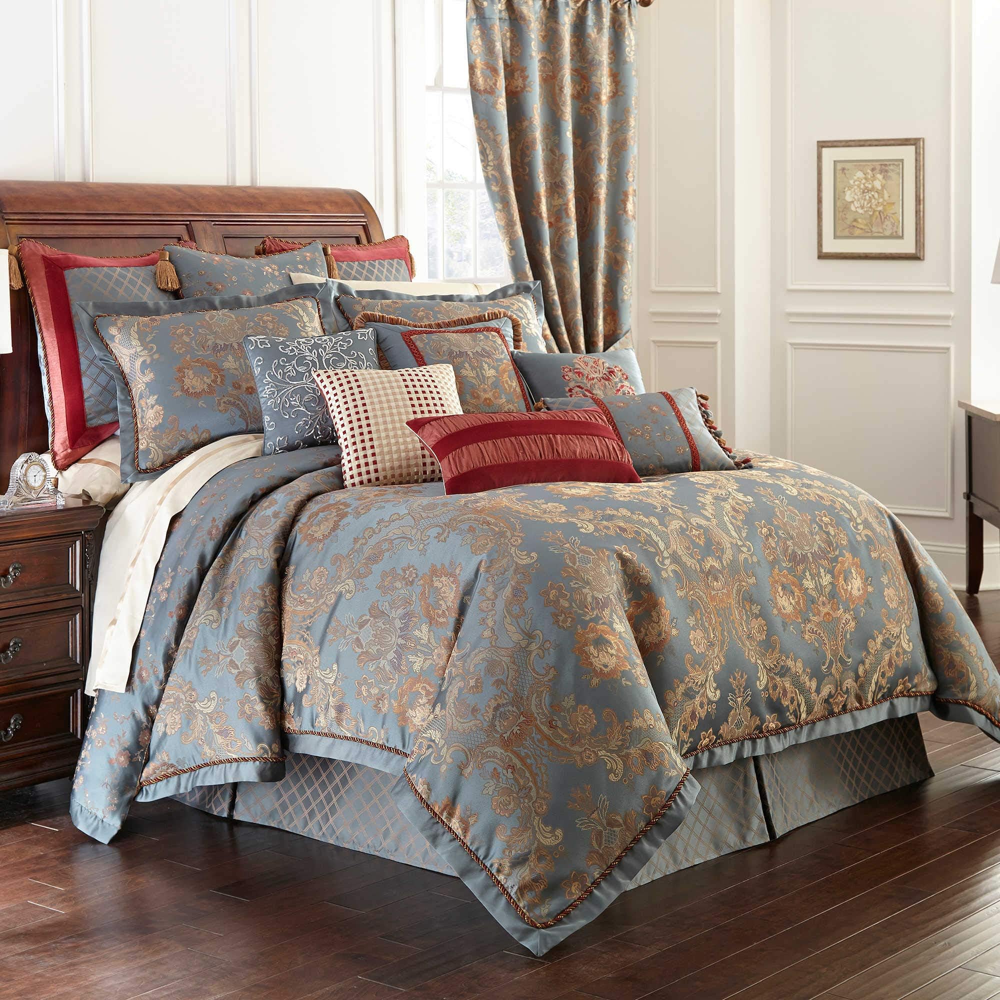 Waterford Fine Linens Luxury Classic Bed Skirt Bedding Dunham Collection (Blue Gold, Queen)
