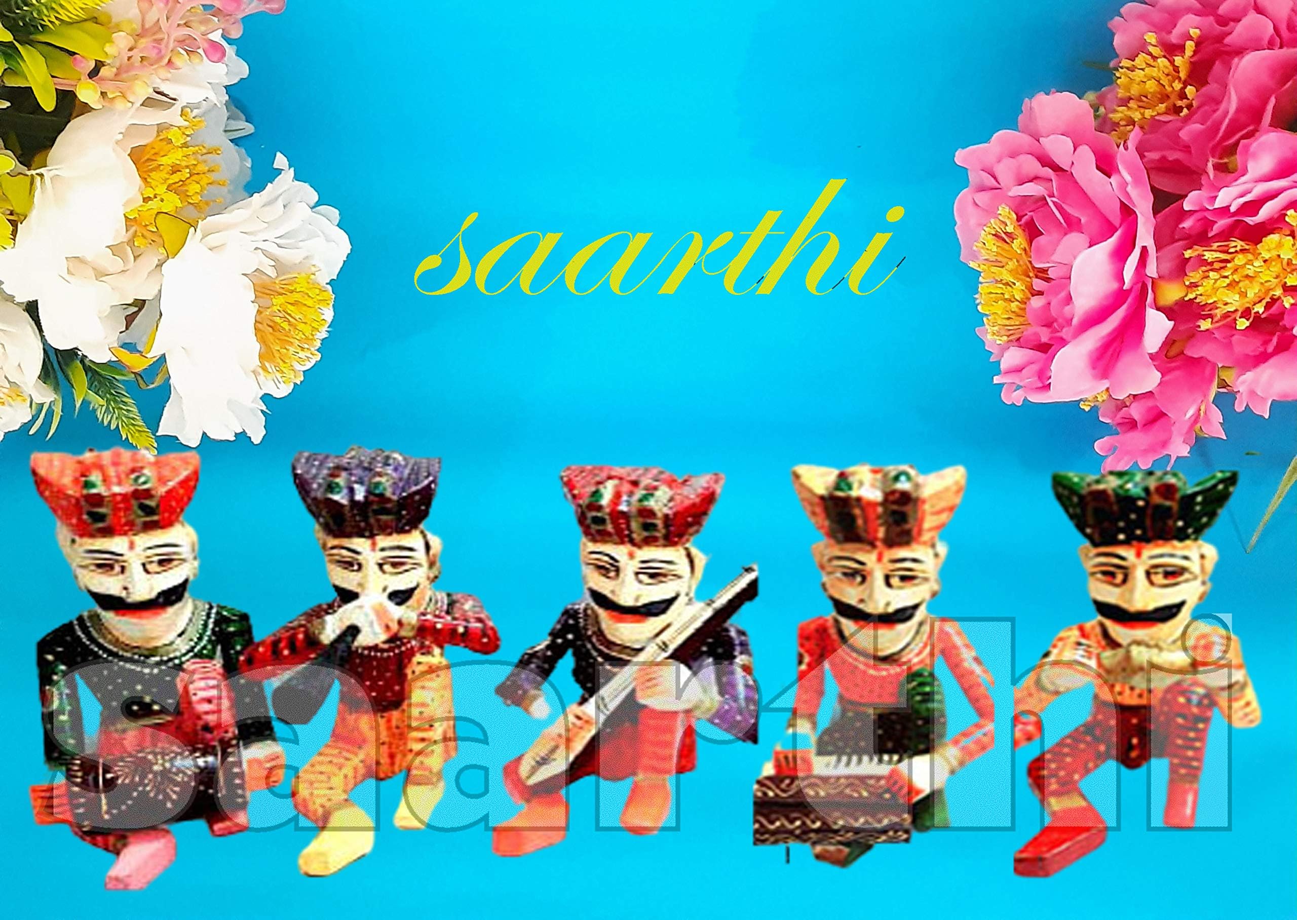 PAARTHA SAARTHI Rajasthani Traditional Antique Decorative Handcrafted Auspicious Wooden Musician Bawla Showpiece (Multicolour, 4-inch) - Set of 5