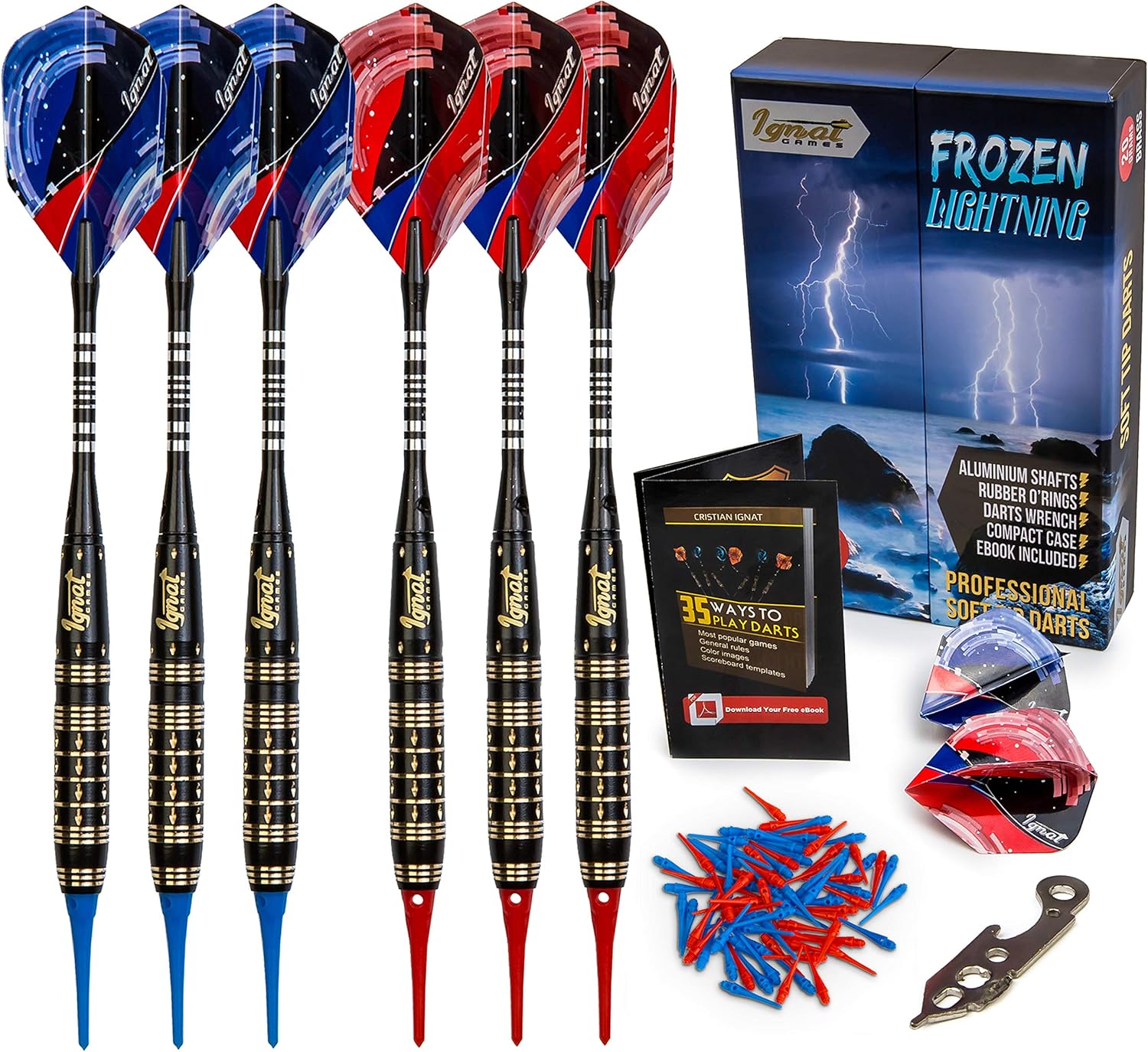 IgnatGames Plastic Tip Darts Set - Soft Tip Darts for Electronic Dart Board - Aluminum Shafts with O'rings, Extra Tips and Extra Flights + Dart Wrench + Innovative Case (20g Frozen Thunderbolt) : Sports & Outdoors