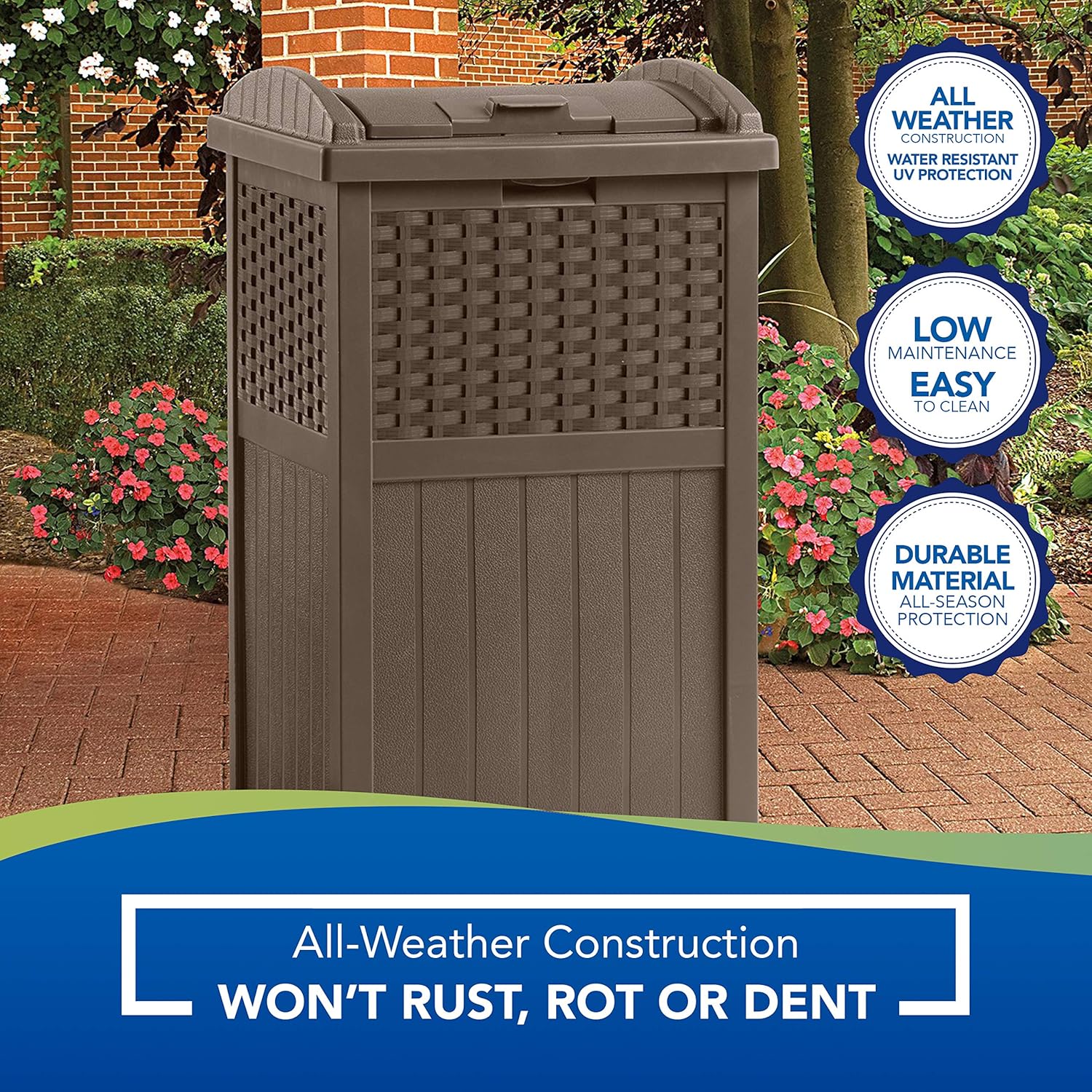 Suncast 33 Gallon Hideaway Can Resin Outdoor Trash with Lid Use in Backyard, Deck, or Patio, Brown: Garden & Outdoor