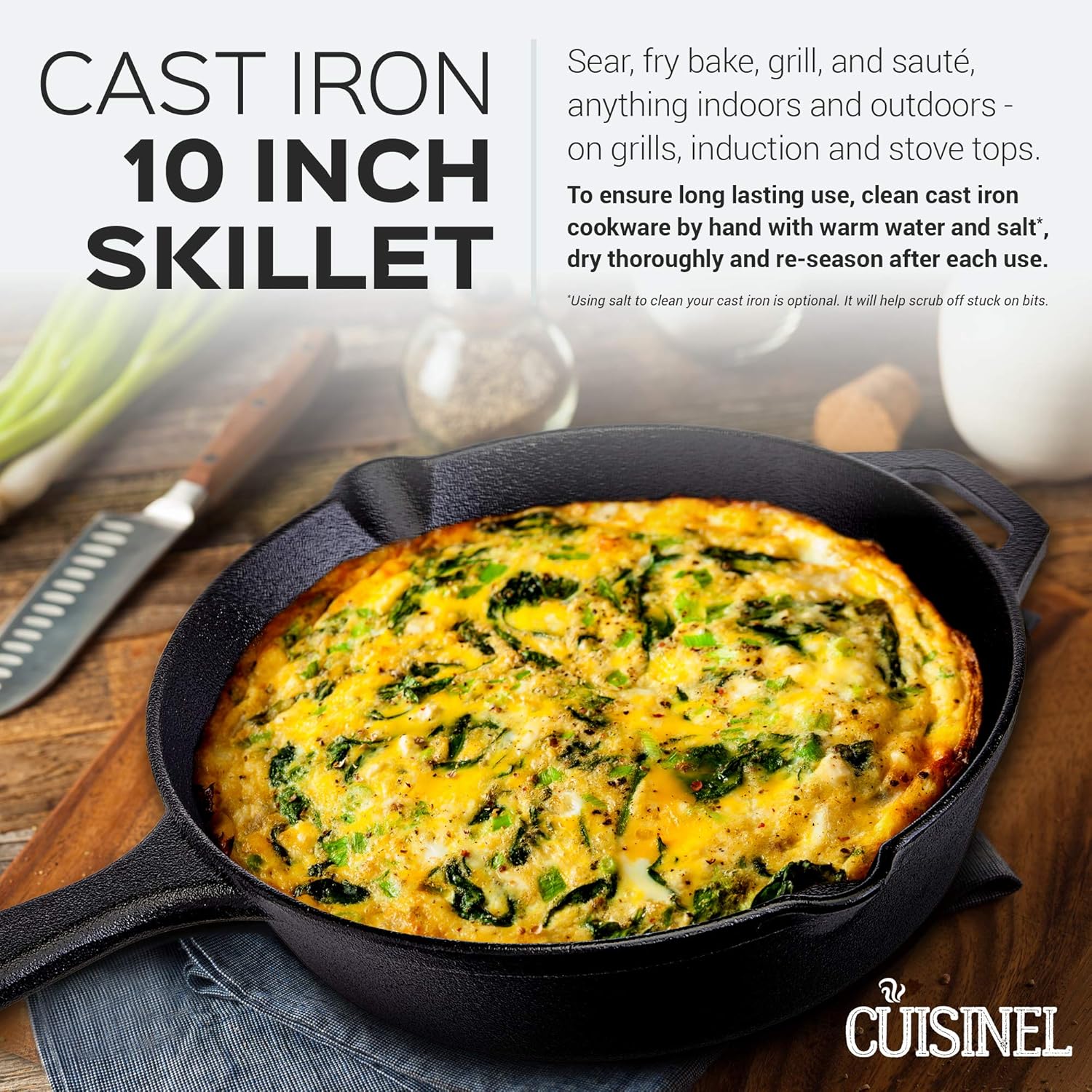 Pre-Seasoned Cast Iron Skillet (10-Inch) with Glass Lid and Handle Cover Oven Safe Cookware - Heat-Resistant Holder - Indoor and Outdoor Use - Grill, Stovetop, Induction Safe: Kitchen & Dining
