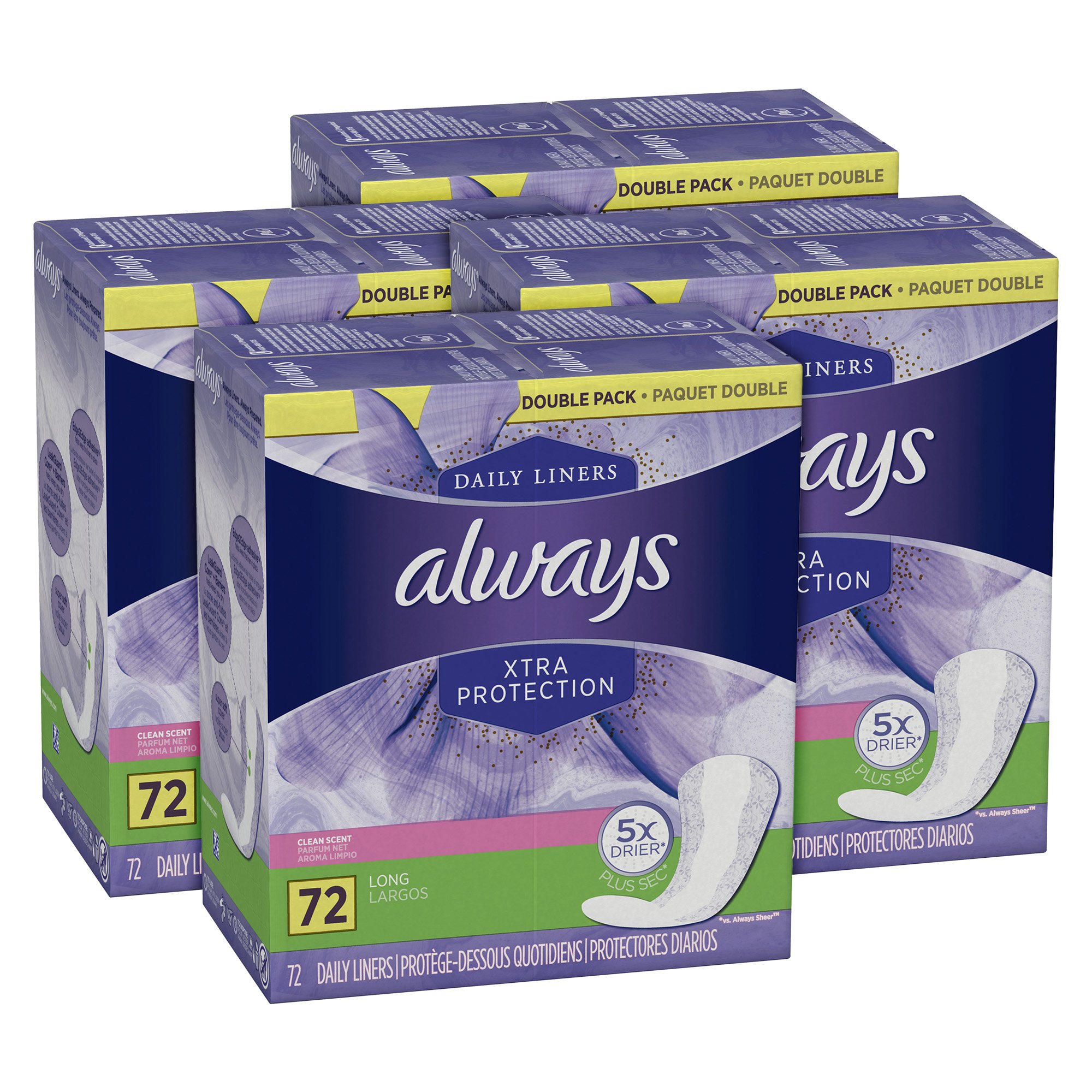 Always Xtra Protection Active Liners, Long, Scented, 36 Count Pack of 2 (72 Total