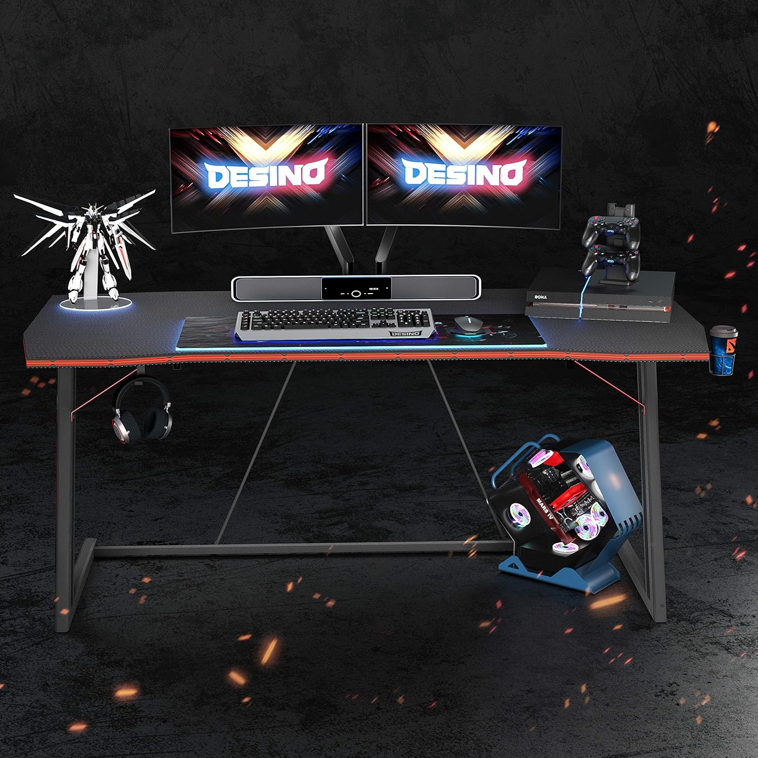 DESINO Gaming Desk 55 inch PC Computer Desk, Home Office Desk Gaming Table Z Shaped Gamer Workstation with Cup Holder and Headphone Hook, Black: Kitchen & Dining