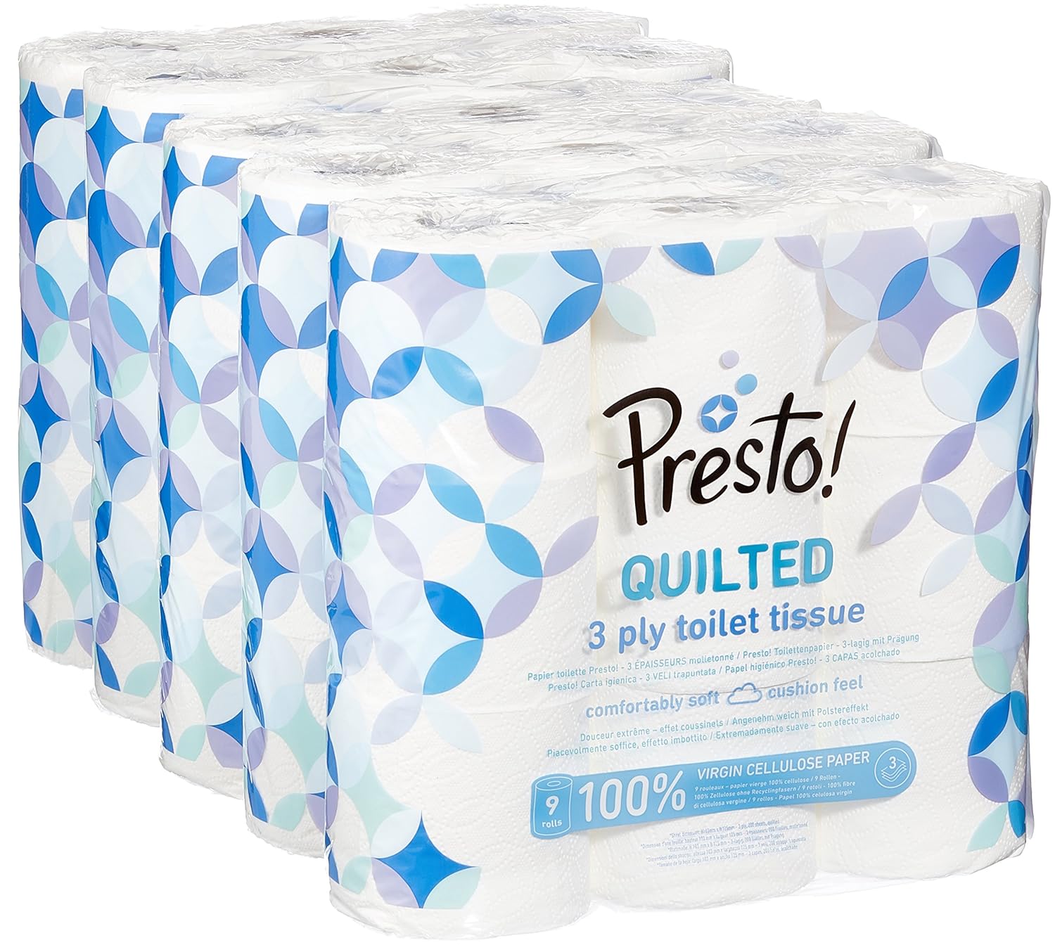 Amazon Brand Presto! 3Ply Quilted Toilet Tissues, 45 Rolls ( 5 x 9 x