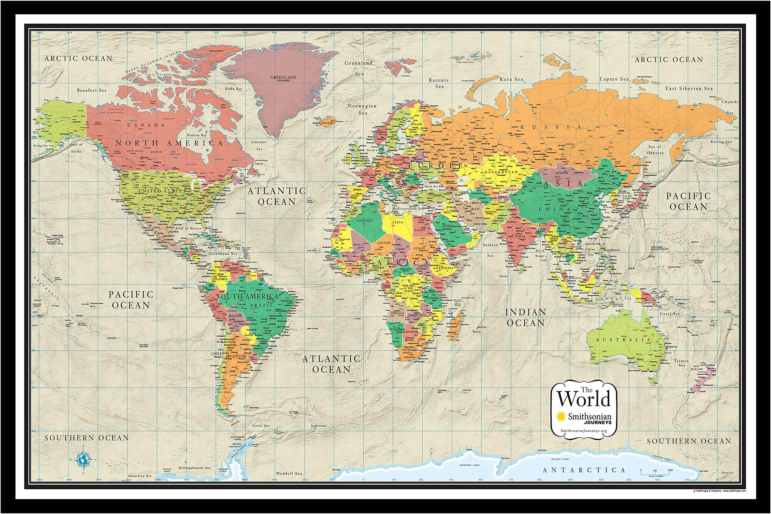 30x48 World Wall Map by Smithsonian Journeys - Tan Oceans Edition - Push Pin Travel Map Black Framed (30x48 Framed)