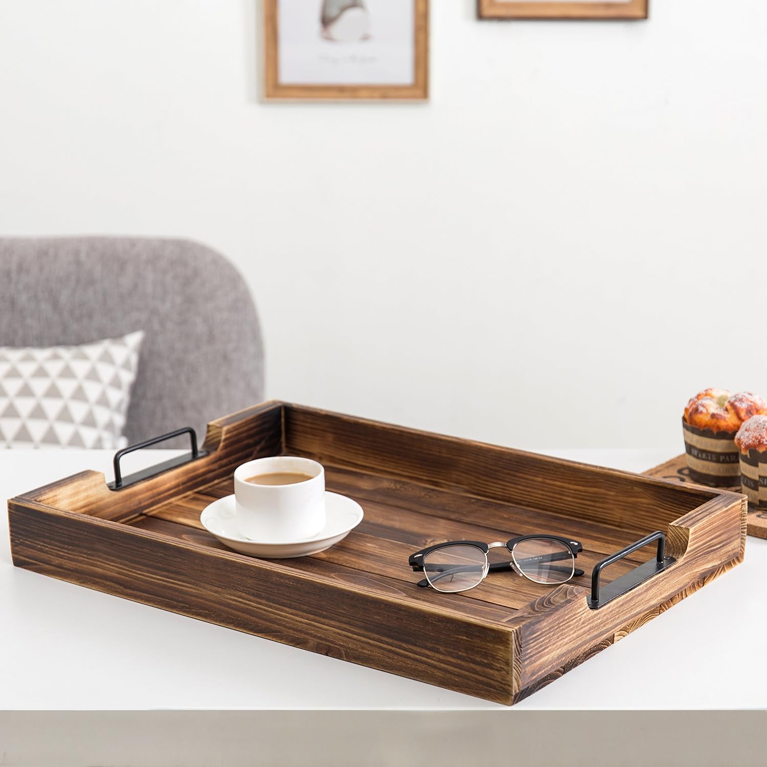 Rustic Burnt Wood 20-Inch Serving Tray with Modern Black Metal Handles: Home & Kitchen