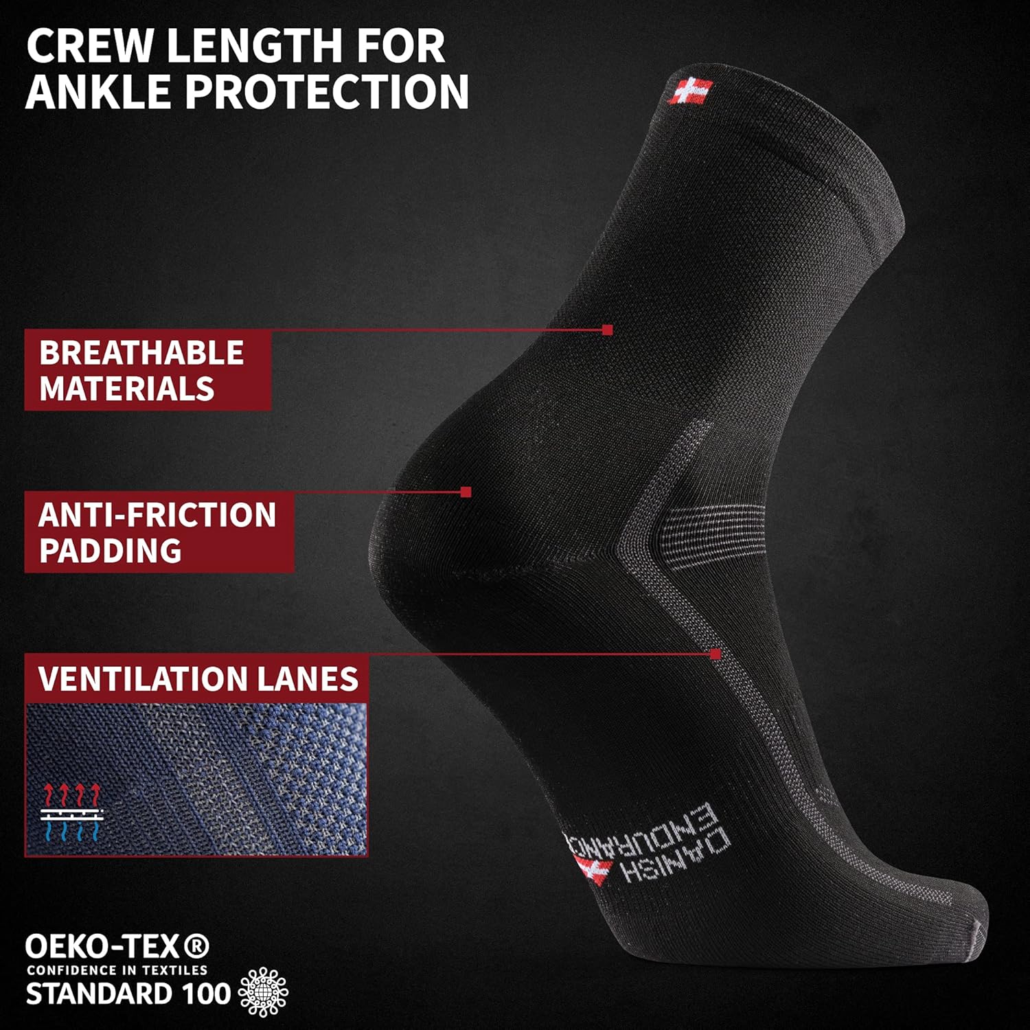 DANISH ENDURANCE Cycling Socks 3 Pack for Men & Women, Regular Ankle Crew Breathable Bike Socks for Road Biking, MTB: Clothing