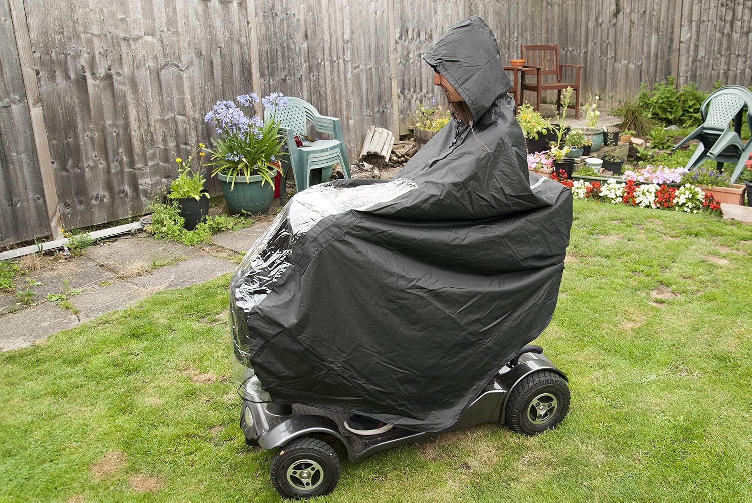 Mobility Scooter Cape Waterproof Rain Coat Poncho Hood Cover Black