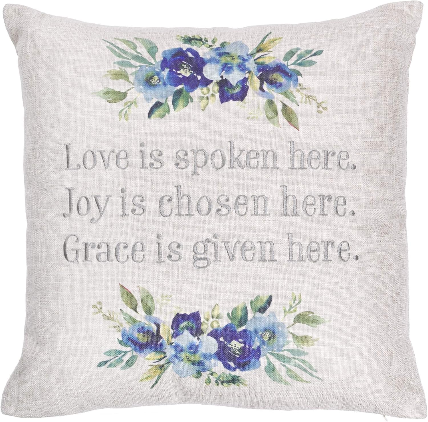 Christian Art Gifts Decorative Throw Pillow | Love Joy Grace | Embroidered Blue Floral Couch Pillow and Inspirational Home Decor, 18 x 18