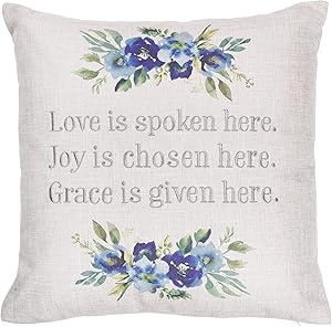 Christian Art Gifts Decorative Throw Pillow | Love Joy Grace | Embroidered Blue Floral Couch Pillow and Inspirational Home Decor, 18 x 18